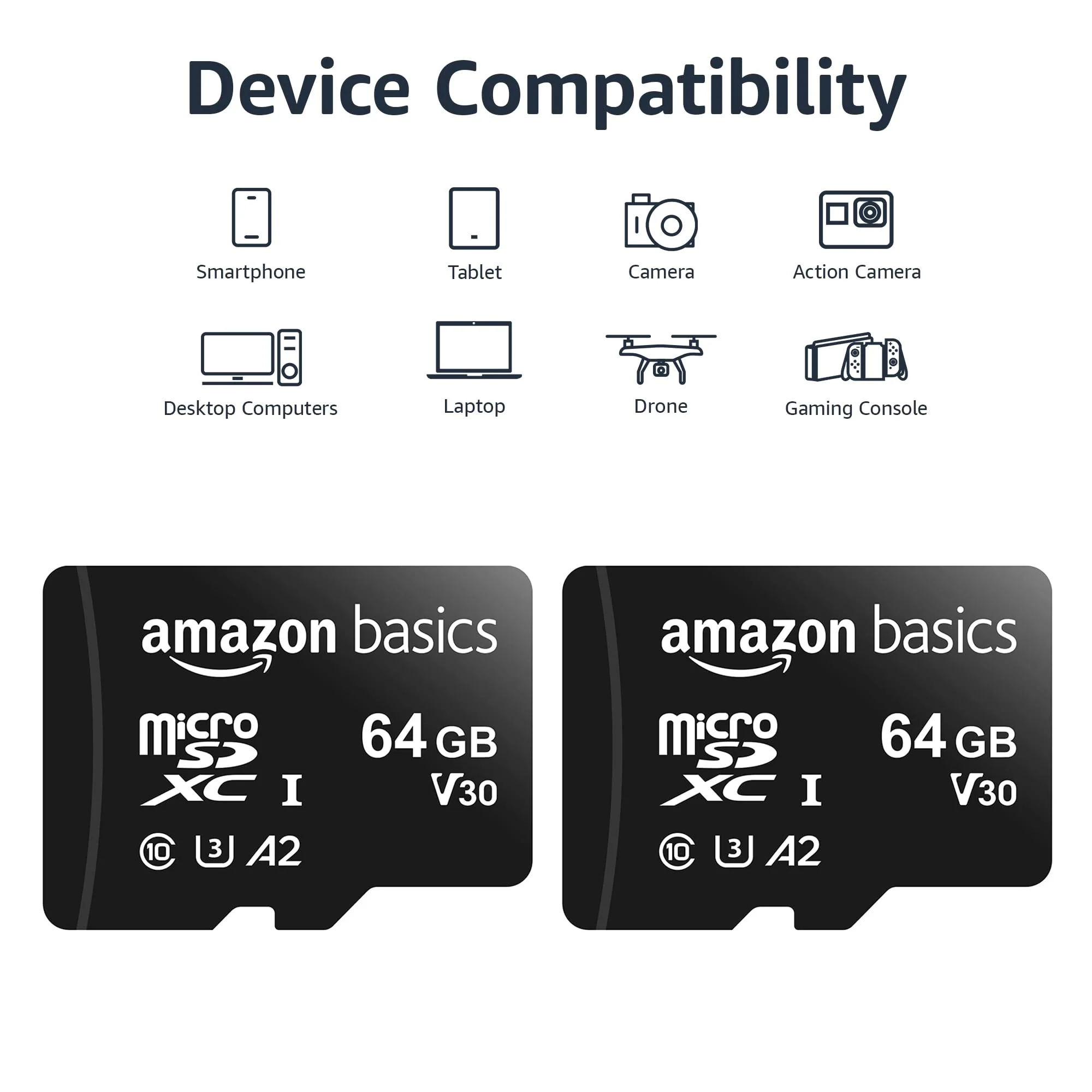 Amazon Basics Micro SDXC Memory Card with Full Size Adapter, A2, U3, Read Speed up to 100 MB/s, 64 gb (2pack), Black 64GB(2 pack) - Image 3