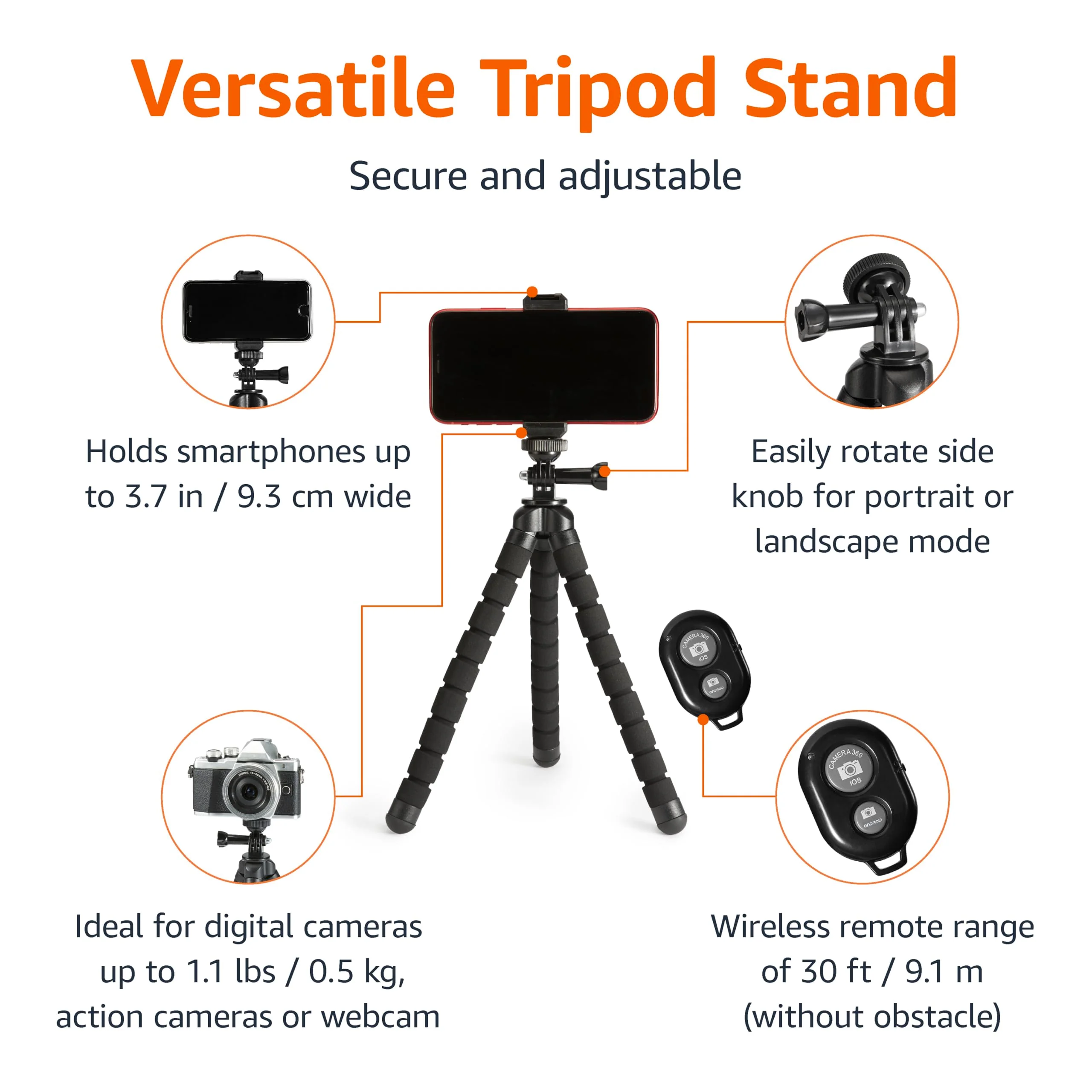Amazon Basics Portable and Flexible Tripod with Wireless Remote and Smartphone Clamp, 10-inch long, Black - Image 2