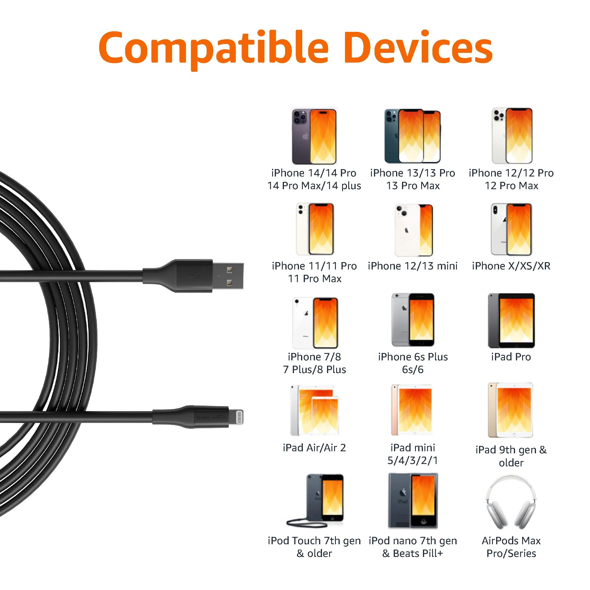 Amazon Basics - USB-A to Lightning ABS Charger Cable (10 feet), MFi Certified for Apple iPhone 14 13 12 11 X Xs Pro, Pro Max, Plus, iPad, 10,000 Bend Lifespan, Black 10 feet - Image 2