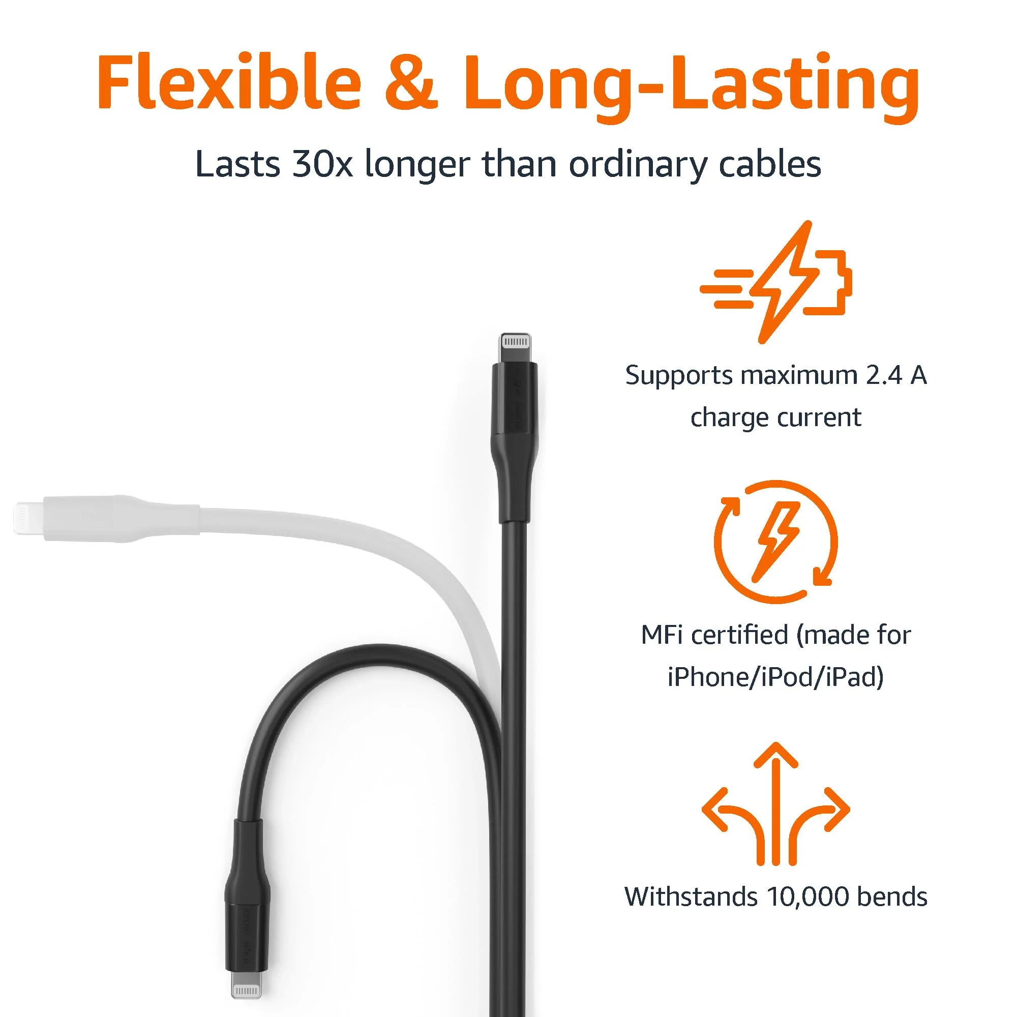 Amazon Basics - USB-A to Lightning ABS Charger Cable (10 feet), MFi Certified for Apple iPhone 14 13 12 11 X Xs Pro, Pro Max, Plus, iPad, 10,000 Bend Lifespan, Black 10 feet - Image 3