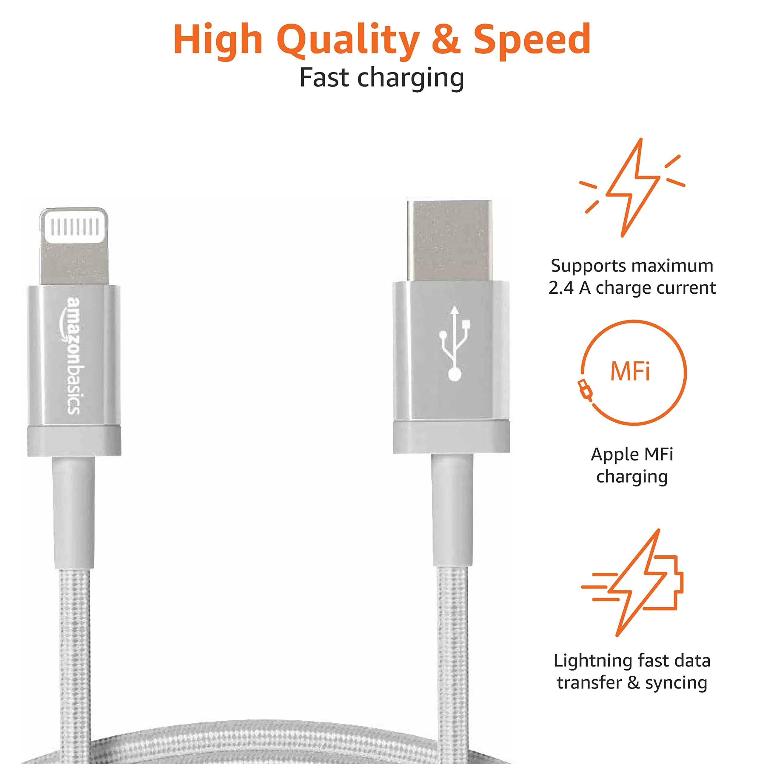 Amazon Basics USB-A to Lightning Charger Cable, Nylon Braided Cord, MFi Certified Charger for Apple iPhone 14 13 12 11 X Xs Pro, Pro Max, Plus, iPad, 3 Foot, Silver 3 Feet - Image 3