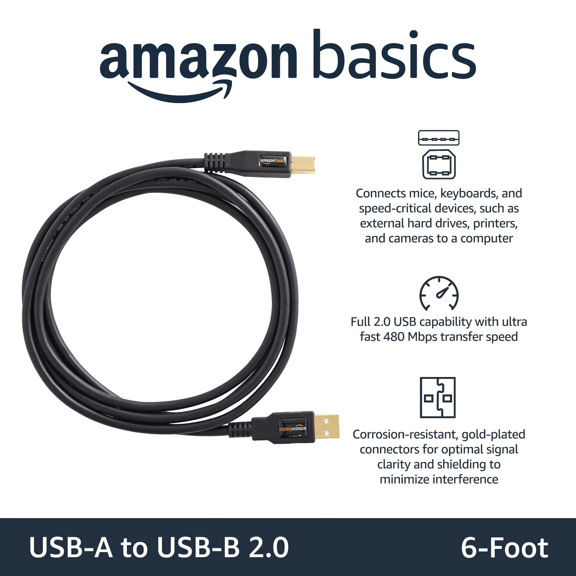 Amazon Basics USB-A to USB-B 2.0 Cable with 480 Mbps Transfer Speed for Printer or External Hard Drive, Gold-Plated Connectors, 6 Foot, Black 6 Feet 1 - Image 2