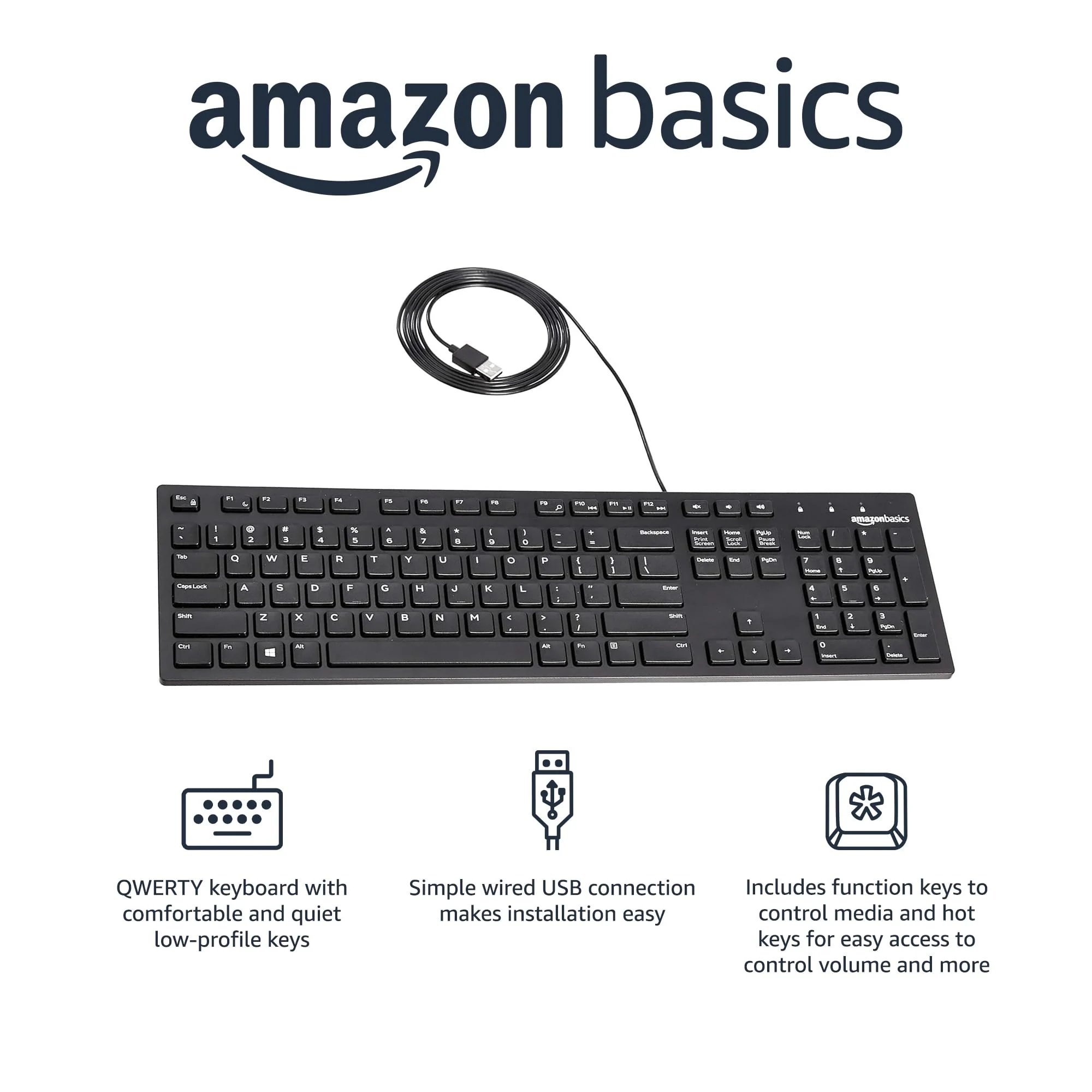Amazon Basics Wired Keyboard, Full-Sized, QWERTY Layout, Black - Image 2