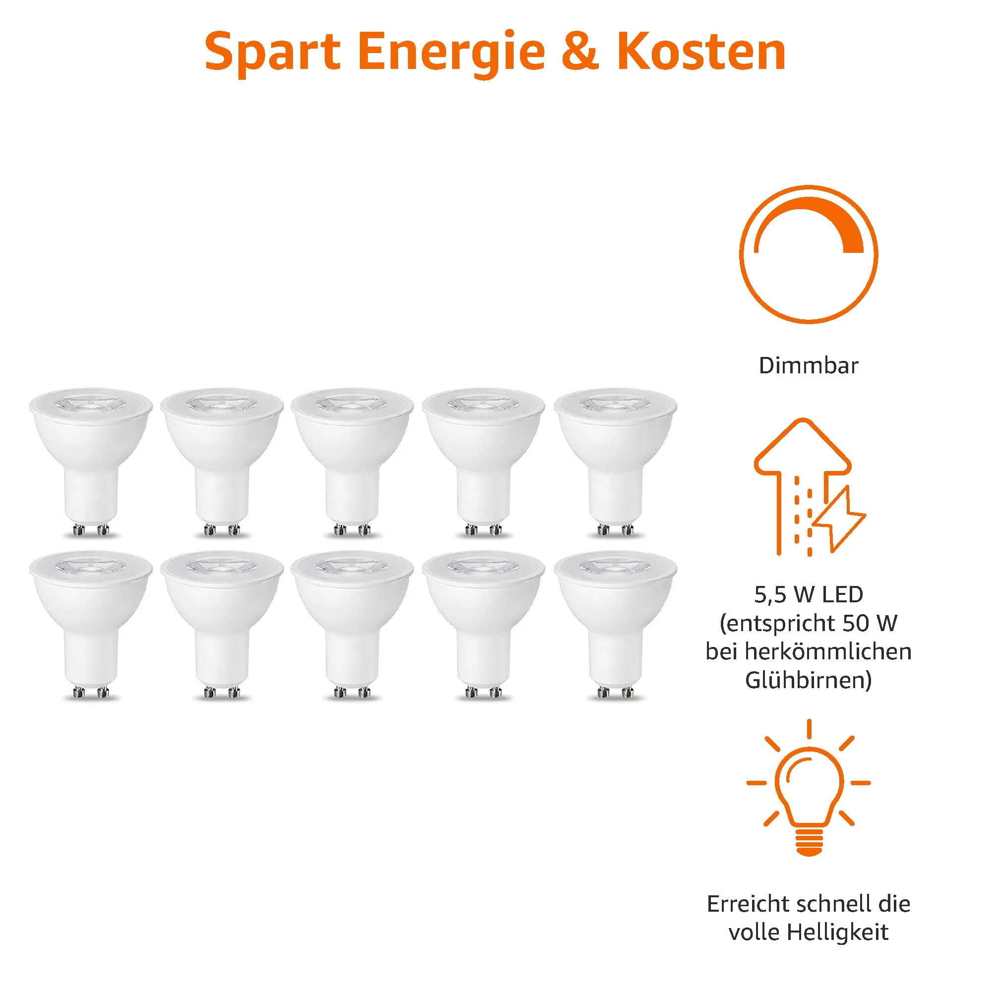AmazonBasics GU10 LED lamp, spot, 5.5W (replaces 50W), warm white, dimmable - pack of 10 10Stück (1er Pack) 5.5W (50W) - Image 4