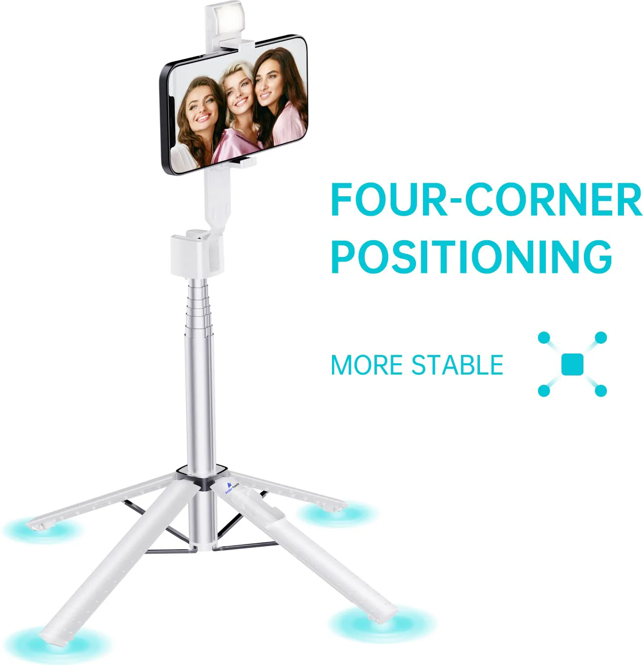 Ambertronix 40” Selfie Stick Tripod Quadrapod, Onboard Light, Wireless Bluetooth Remote, Extendable, Stainless Steel, 3 Light Modes, 9 Brightness Levels, Compatible with All iPhone & Android Devices Chrome - Image 2