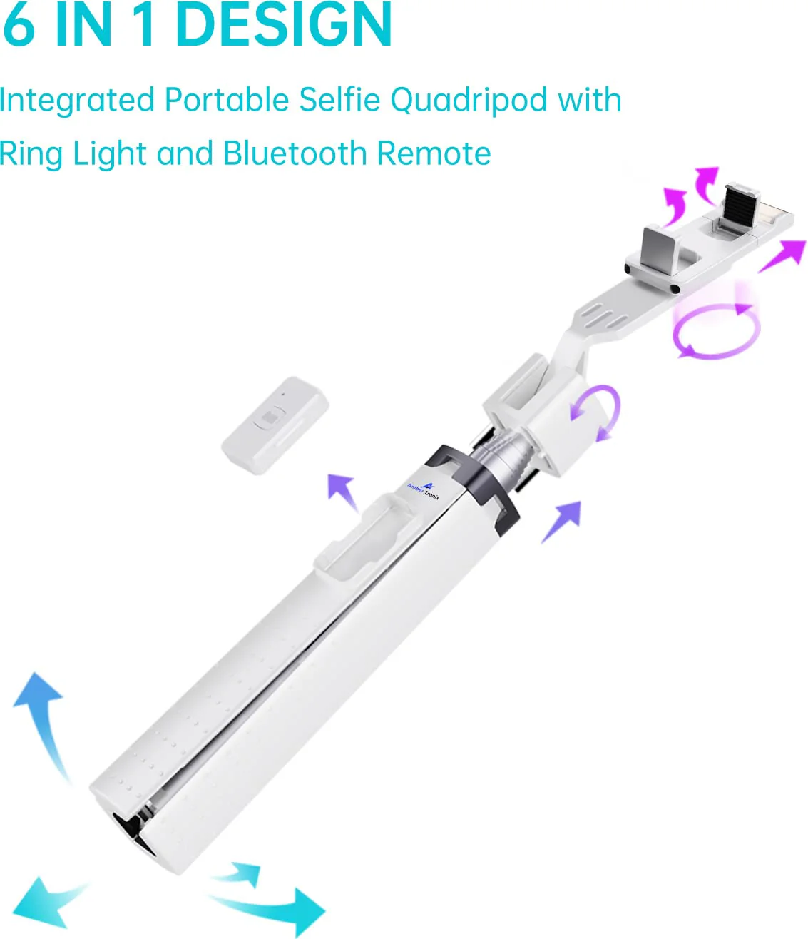 Ambertronix 40” Selfie Stick Tripod Quadrapod, Onboard Light, Wireless Bluetooth Remote, Extendable, Stainless Steel, 3 Light Modes, 9 Brightness Levels, Compatible with All iPhone & Android Devices Chrome - Image 4