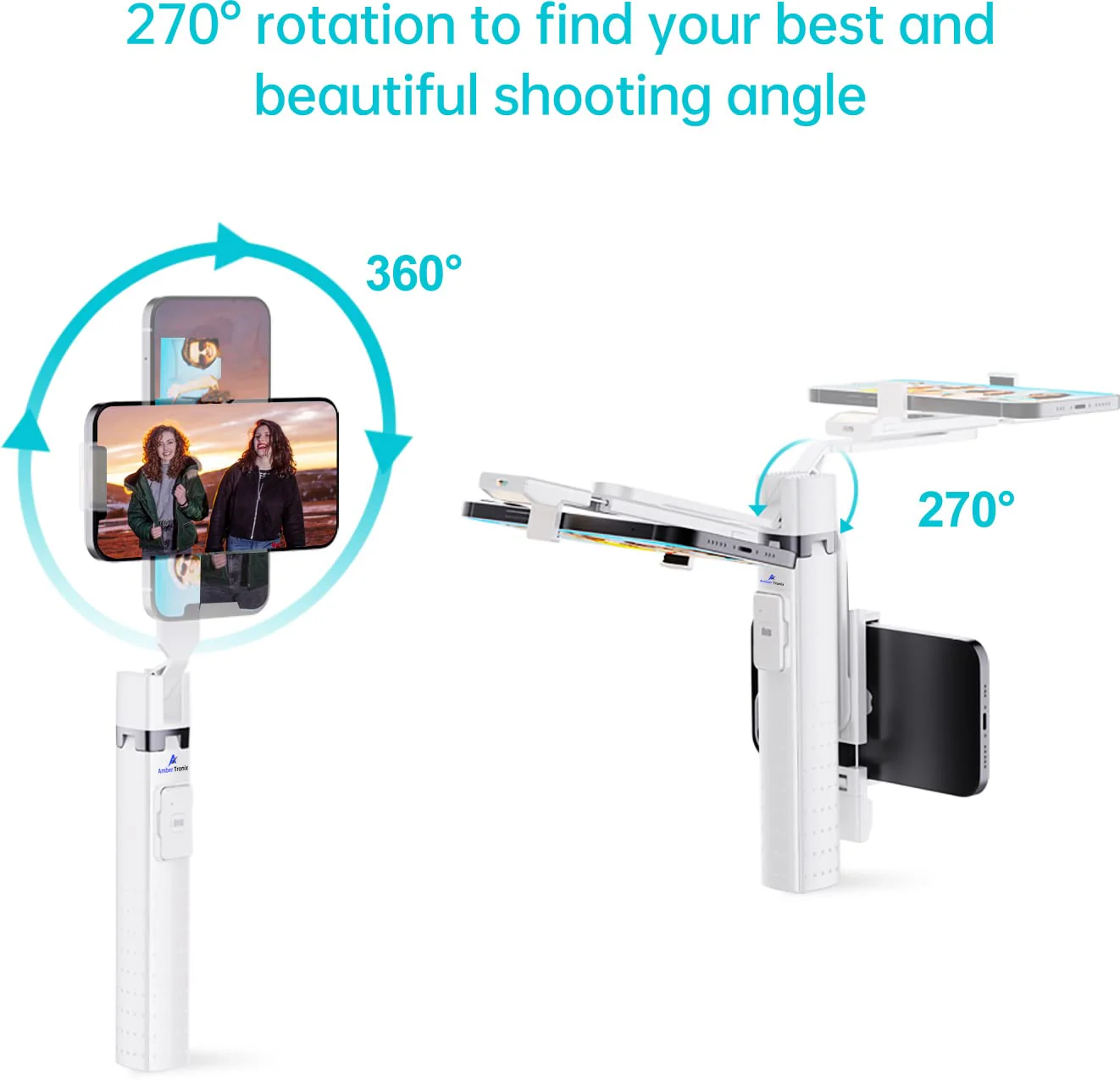 Ambertronix 40” Selfie Stick Tripod Quadrapod, Onboard Light, Wireless Bluetooth Remote, Extendable, Stainless Steel, 3 Light Modes, 9 Brightness Levels, Compatible with All iPhone & Android Devices Chrome - Image 5