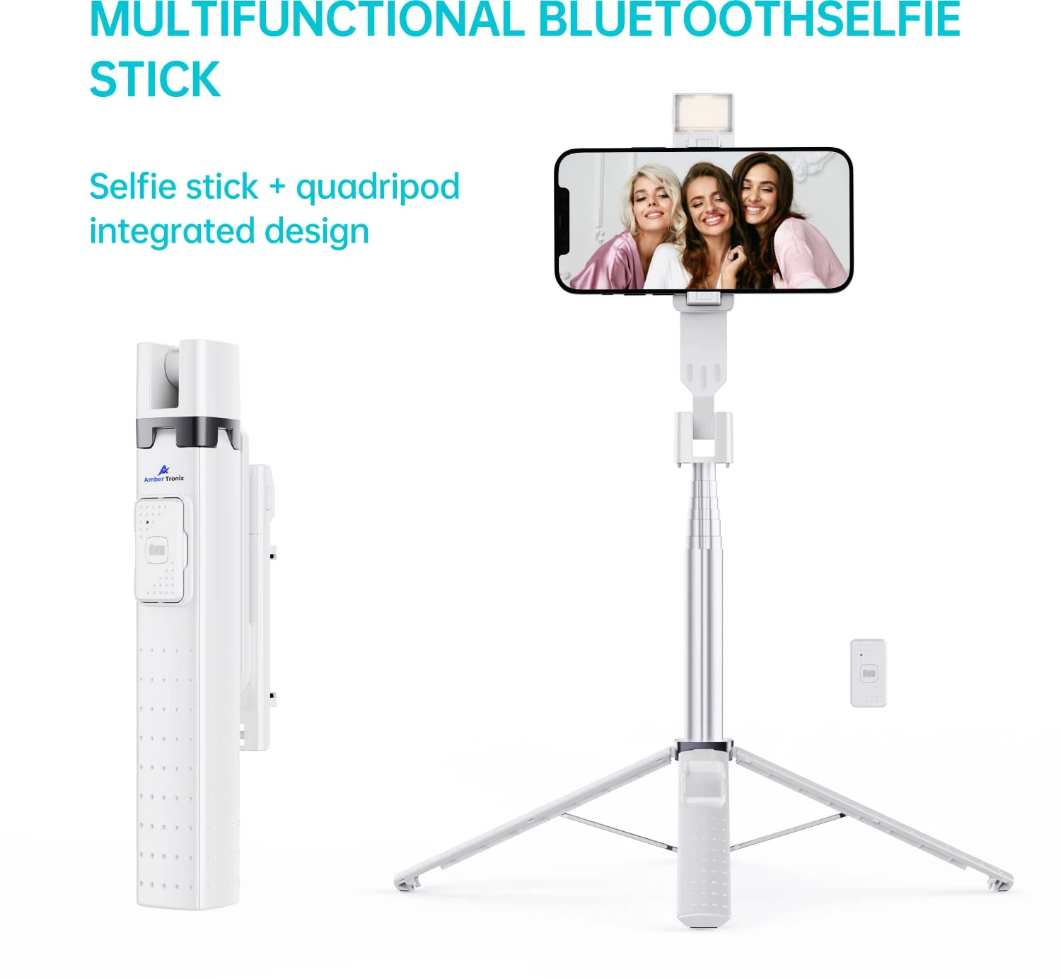 Ambertronix 40” Selfie Stick Tripod Quadrapod, Onboard Light, Wireless Bluetooth Remote, Extendable, Stainless Steel, 3 Light Modes, 9 Brightness Levels, Compatible with All iPhone & Android Devices Chrome - Image 8