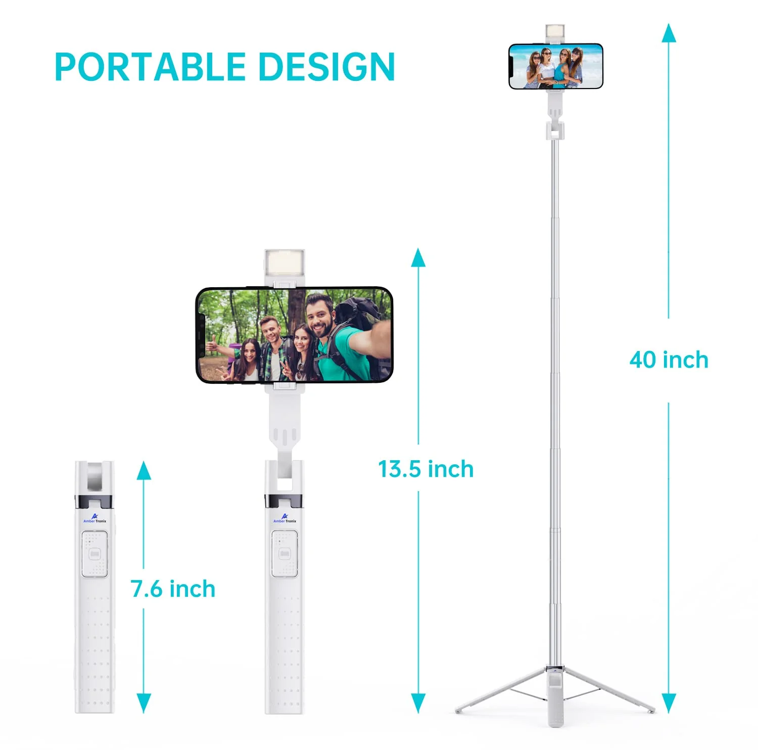 Ambertronix 40” Selfie Stick Tripod Quadrapod, Onboard Light, Wireless Bluetooth Remote, Extendable, Stainless Steel, 3 Light Modes, 9 Brightness Levels, Compatible with All iPhone & Android Devices Chrome - Image 9