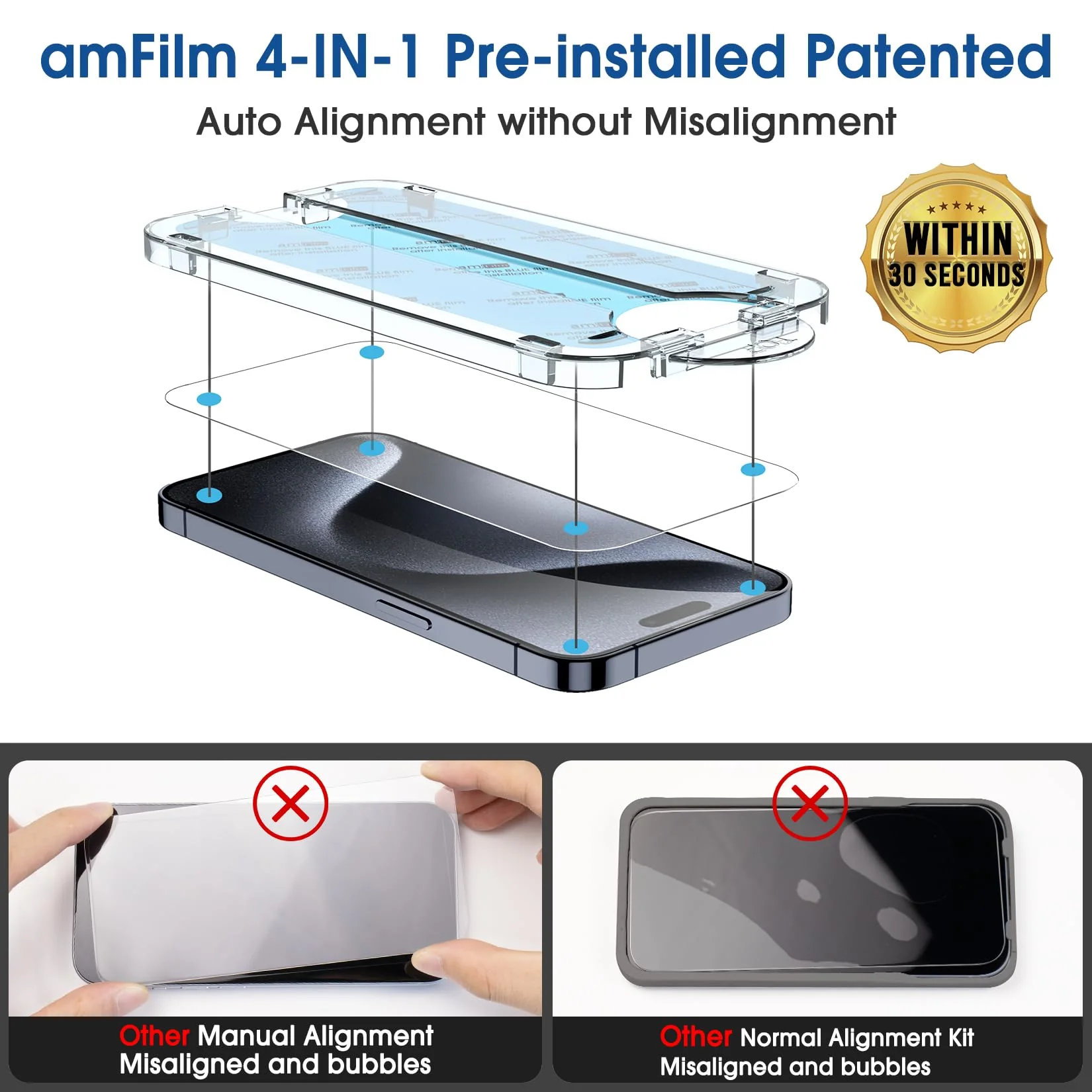 amFilm Easiest Installation OneTouch for iPhone 15 Pro Max Screen Protector [6.7 Inch] Tempered Glass + Camera Lens Protector, Auto-Alignment Tech, Bubble Free, Case Friendly, Anti-Scratch [2+2 Pack] 15P-6.7” - Image 2
