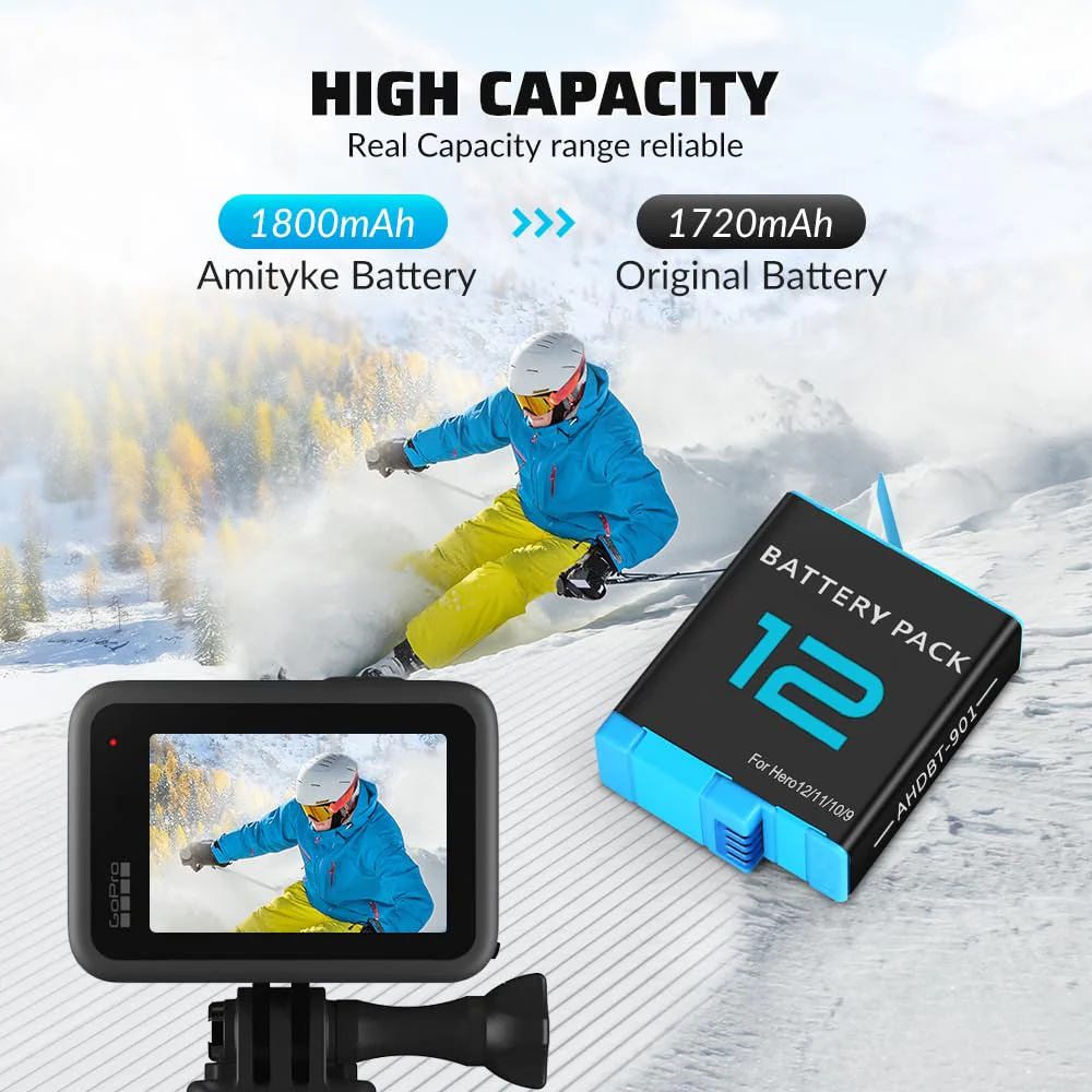Amityke Hero 9 10 11 12 Battery 3-Pack, 1800mAh Battery Capacity, with USB Storage Fast Charger and Battery Protective Case, Fully Compatible with Gopro Hero 9 10 11 12 Black - Image 4