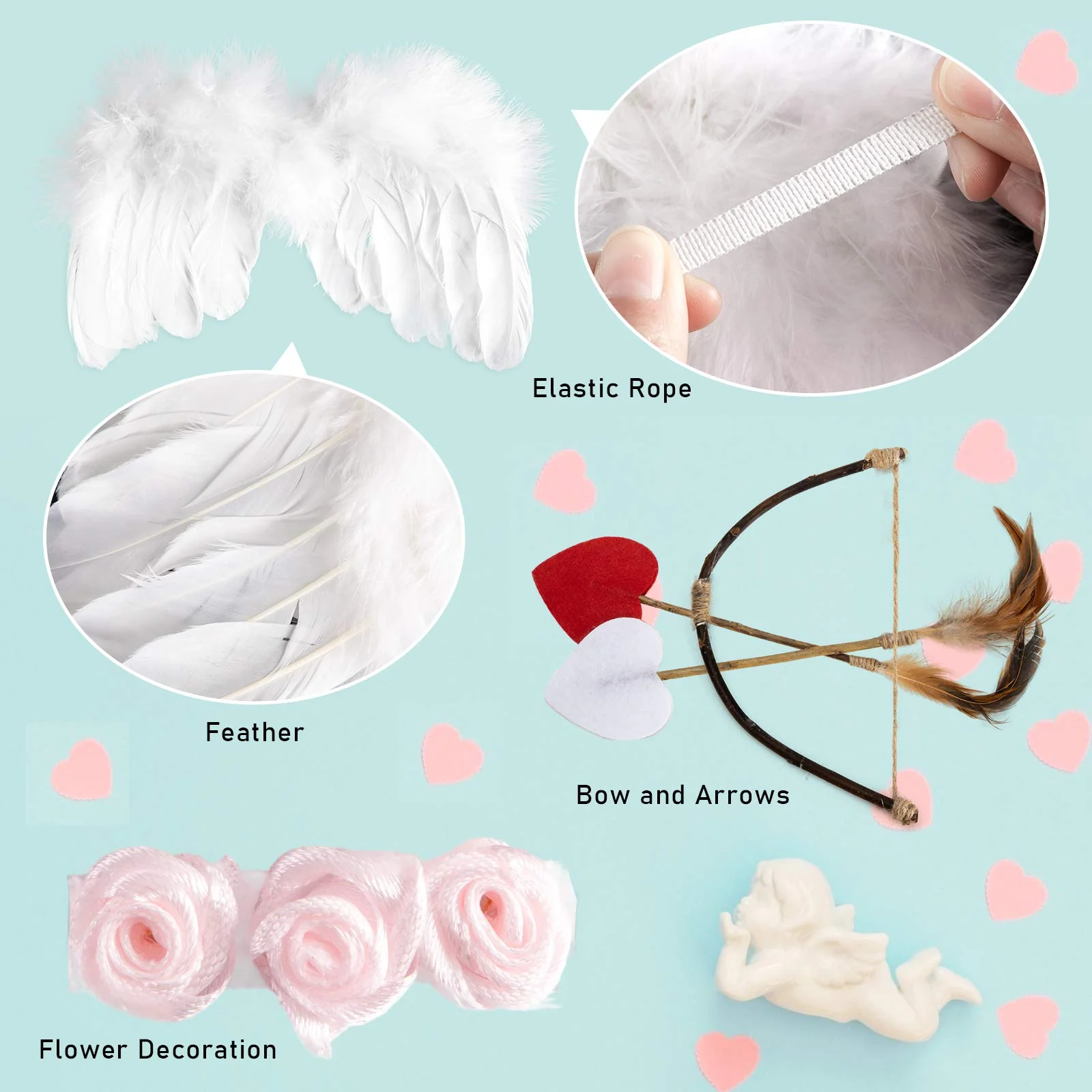 AMOR PRESENT Baby Angel Wings, 5PCS Newborn Photoshoot Clothes White Angel Feather Wing Baby Cupid Costume Set with Headband Bow Swords Photo Prop Outfit 0-18 Months - Image 3