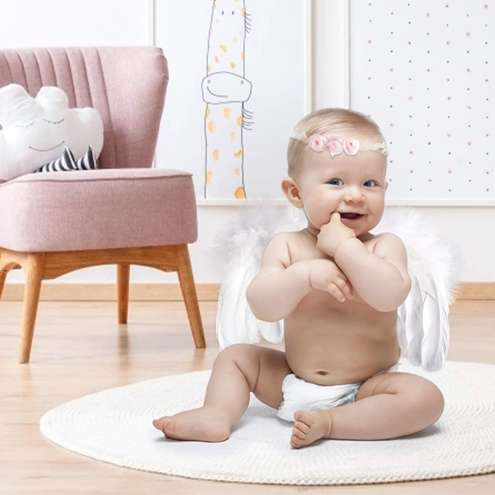 AMOR PRESENT Baby Angel Wings, 5PCS Newborn Photoshoot Clothes White Angel Feather Wing Baby Cupid Costume Set with Headband Bow Swords Photo Prop Outfit 0-18 Months - Image 5