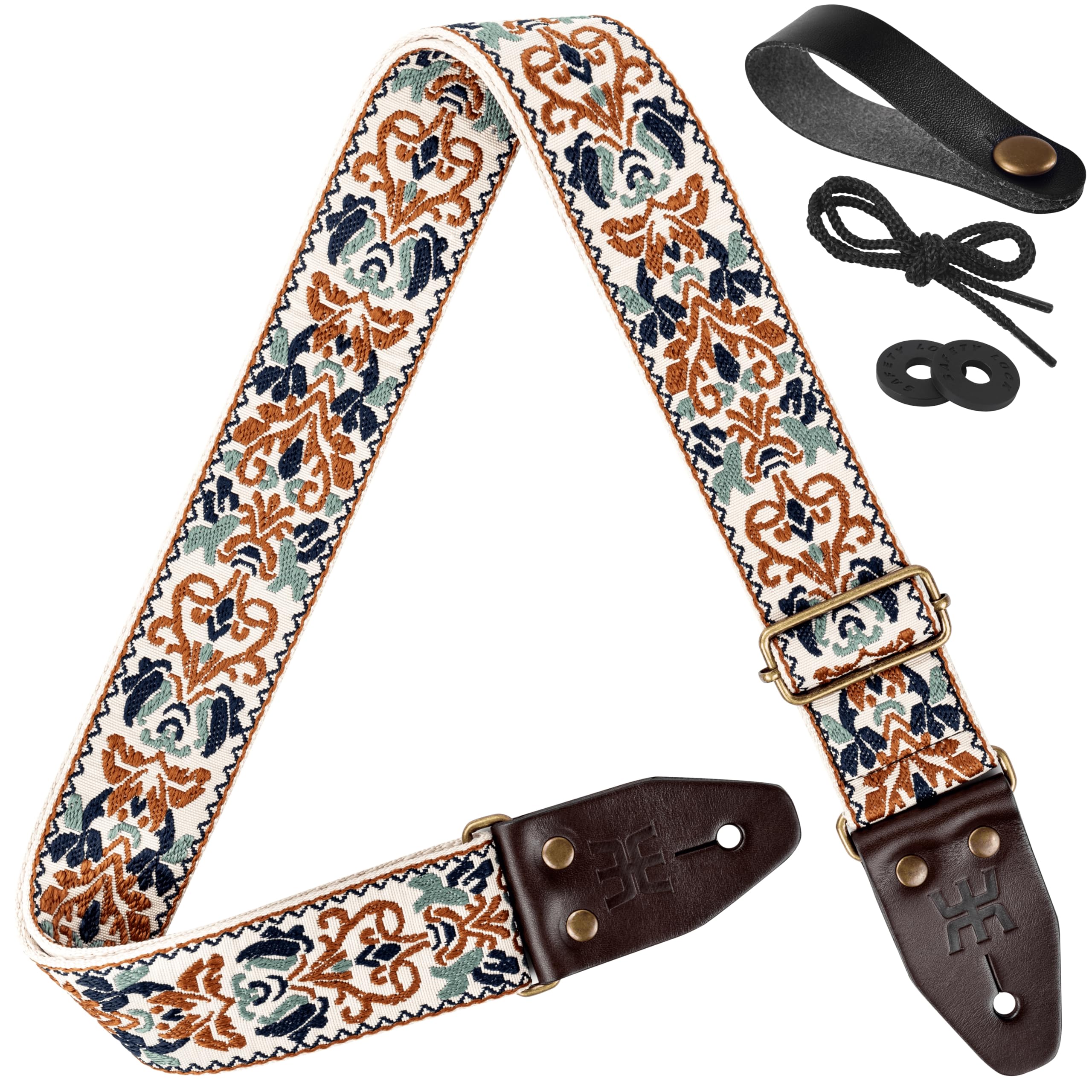 Amumu Beige Brown Spades Heart Embroidery Guitar Strap - Vintage Style with Top Grain Cowhide Leather Ends & Pick Pocket - Fits Bass, Electric, Acoustic Guitars