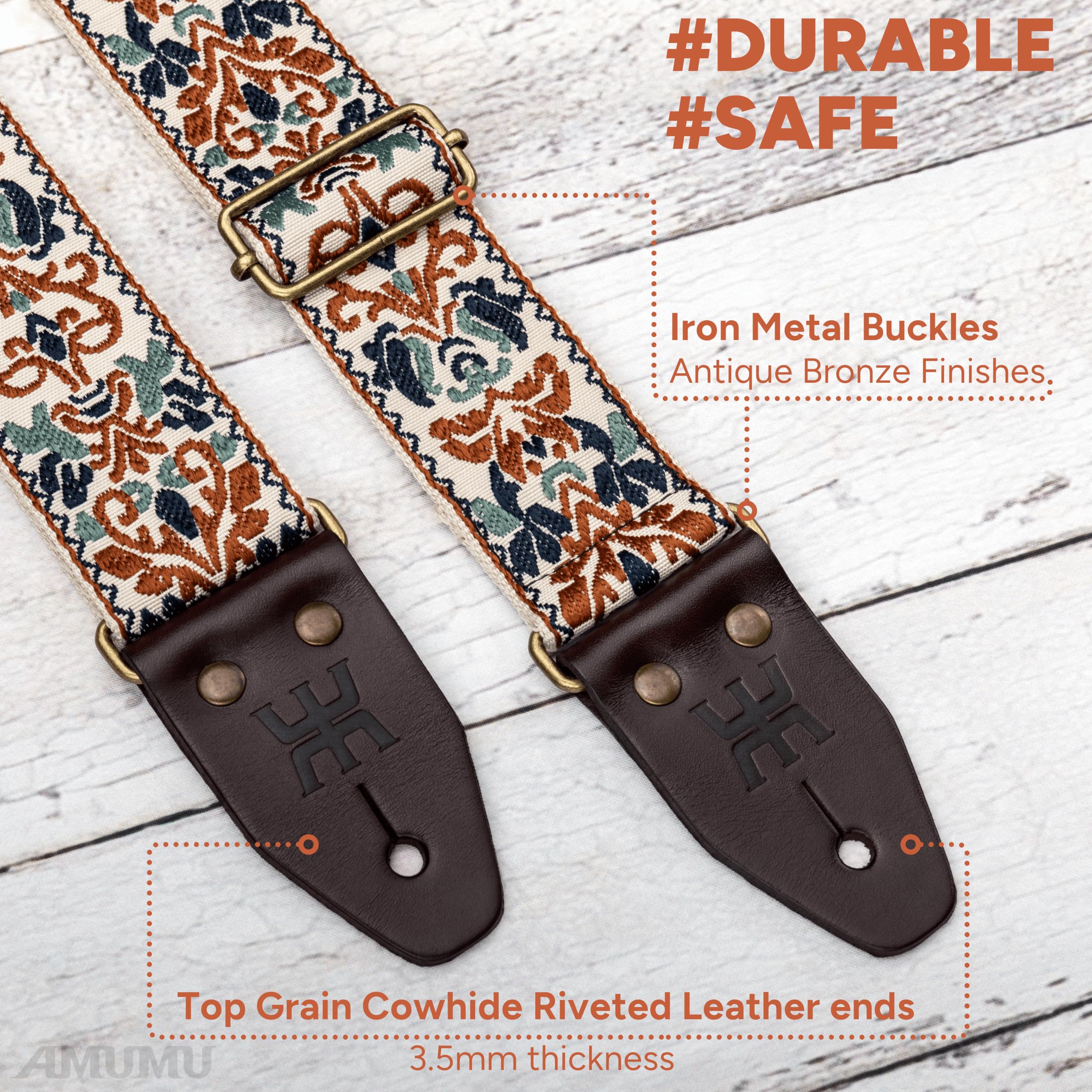 Amumu Beige Brown Spades Heart Embroidery Guitar Strap - Vintage Style with Top Grain Cowhide Leather Ends & Pick Pocket - Fits Bass, Electric, Acoustic Guitars - Image 2