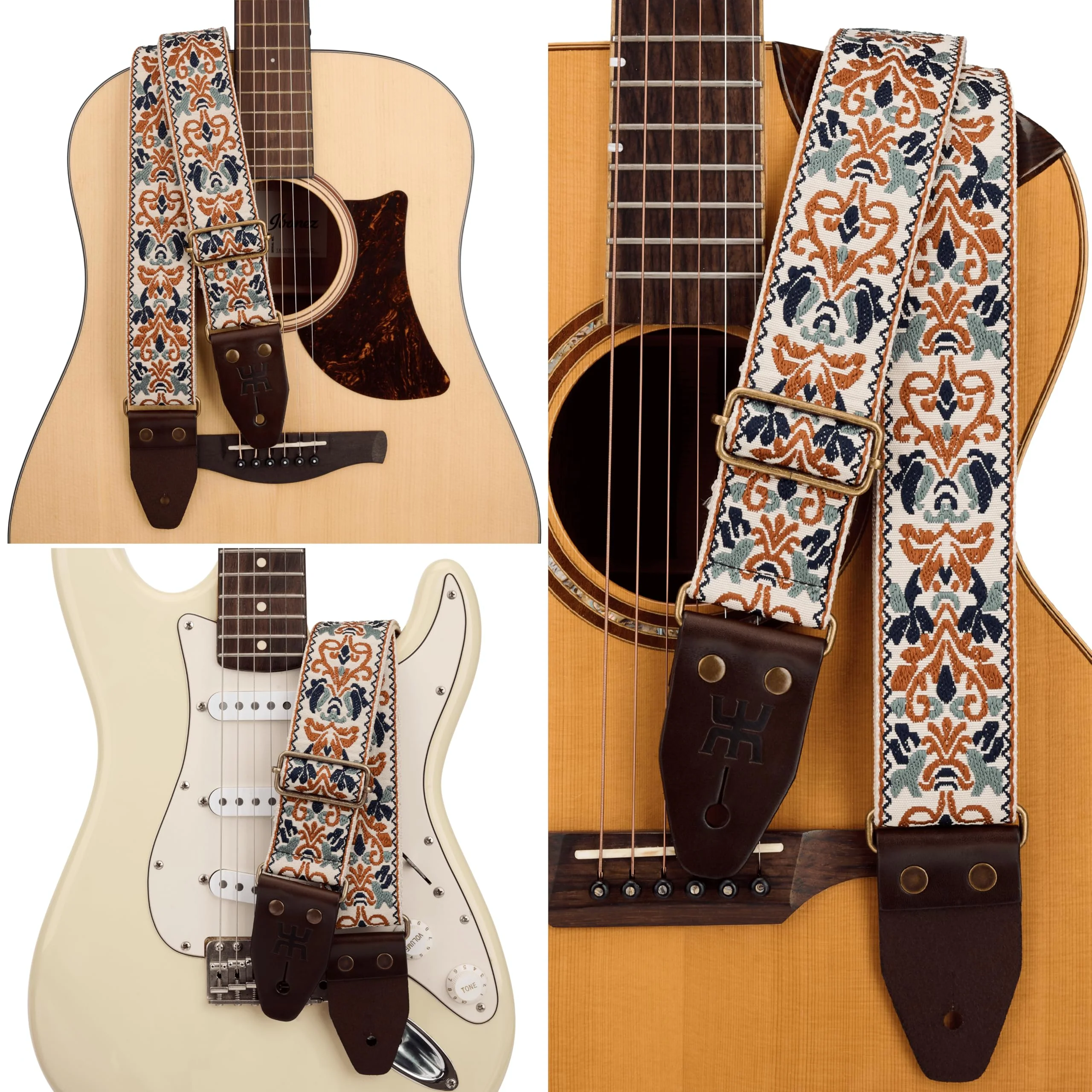 Amumu Beige Brown Spades Heart Embroidery Guitar Strap - Vintage Style with Top Grain Cowhide Leather Ends & Pick Pocket - Fits Bass, Electric, Acoustic Guitars - Image 5