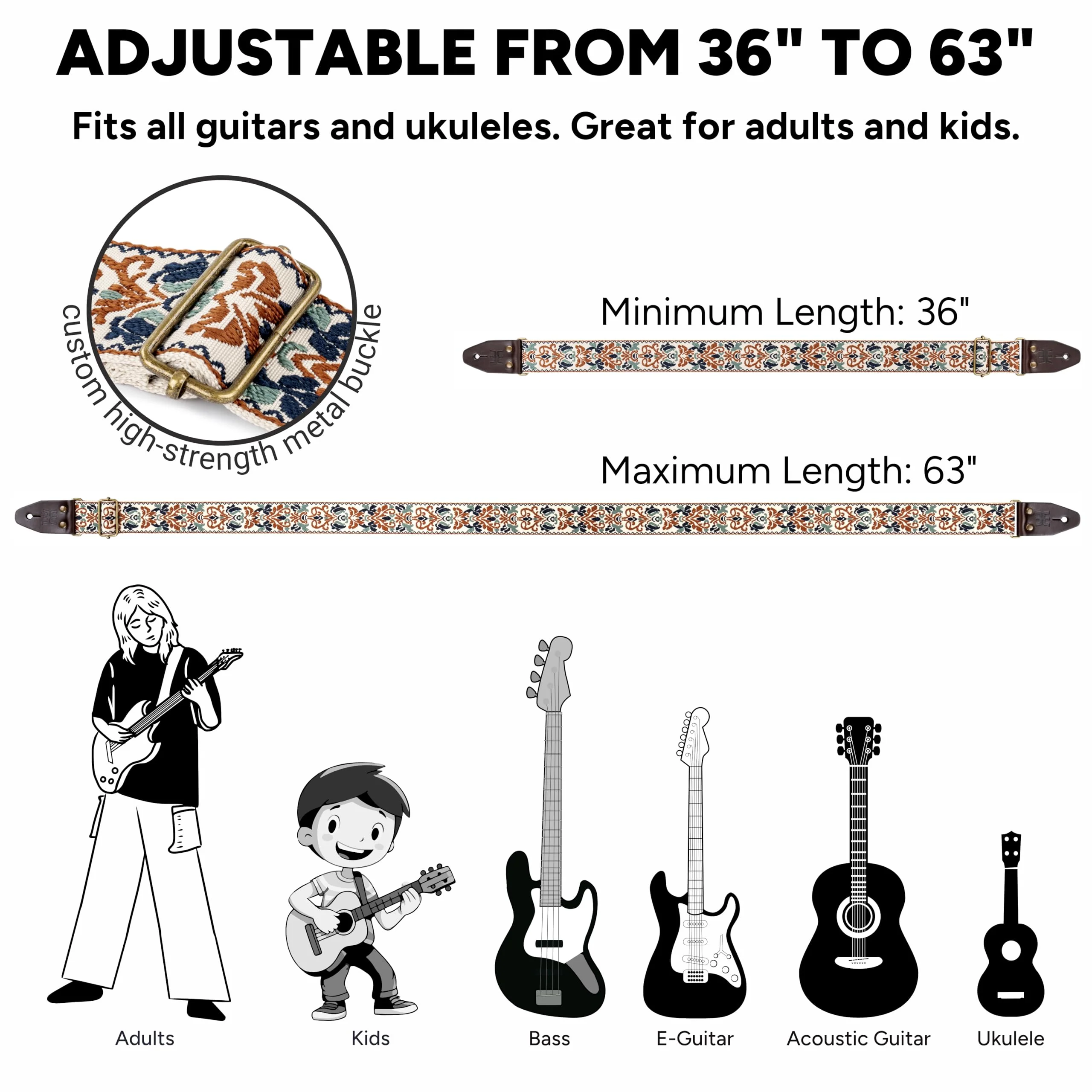 Amumu Beige Brown Spades Heart Embroidery Guitar Strap - Vintage Style with Top Grain Cowhide Leather Ends & Pick Pocket - Fits Bass, Electric, Acoustic Guitars - Image 6