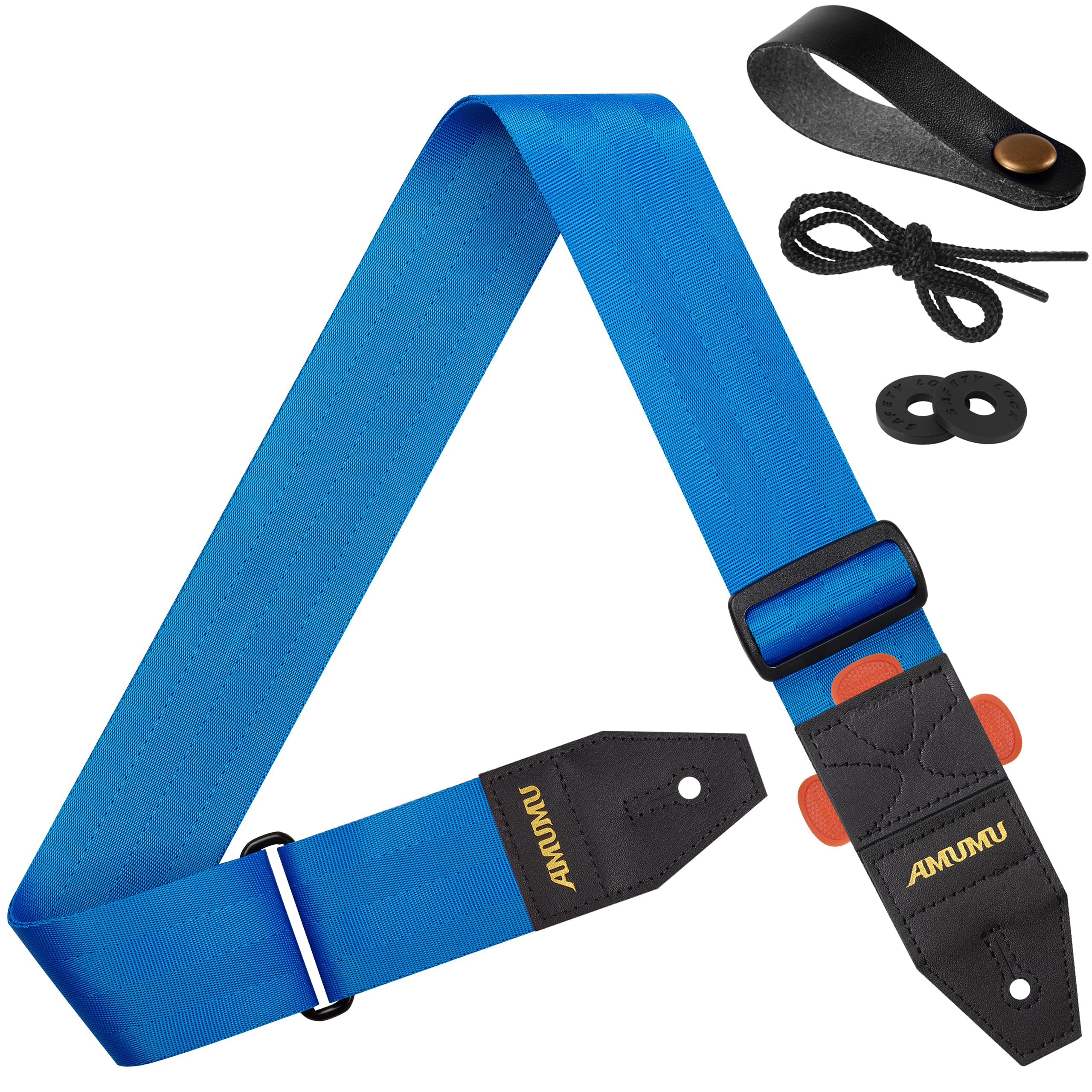 Amumu DURALINK Nylon Seatbelt Guitar Strap with Top Grain Leather Ends for Acoustic, Electric, Bass Guitar, with Quick-Fetch Pick Holder -Blue Blue