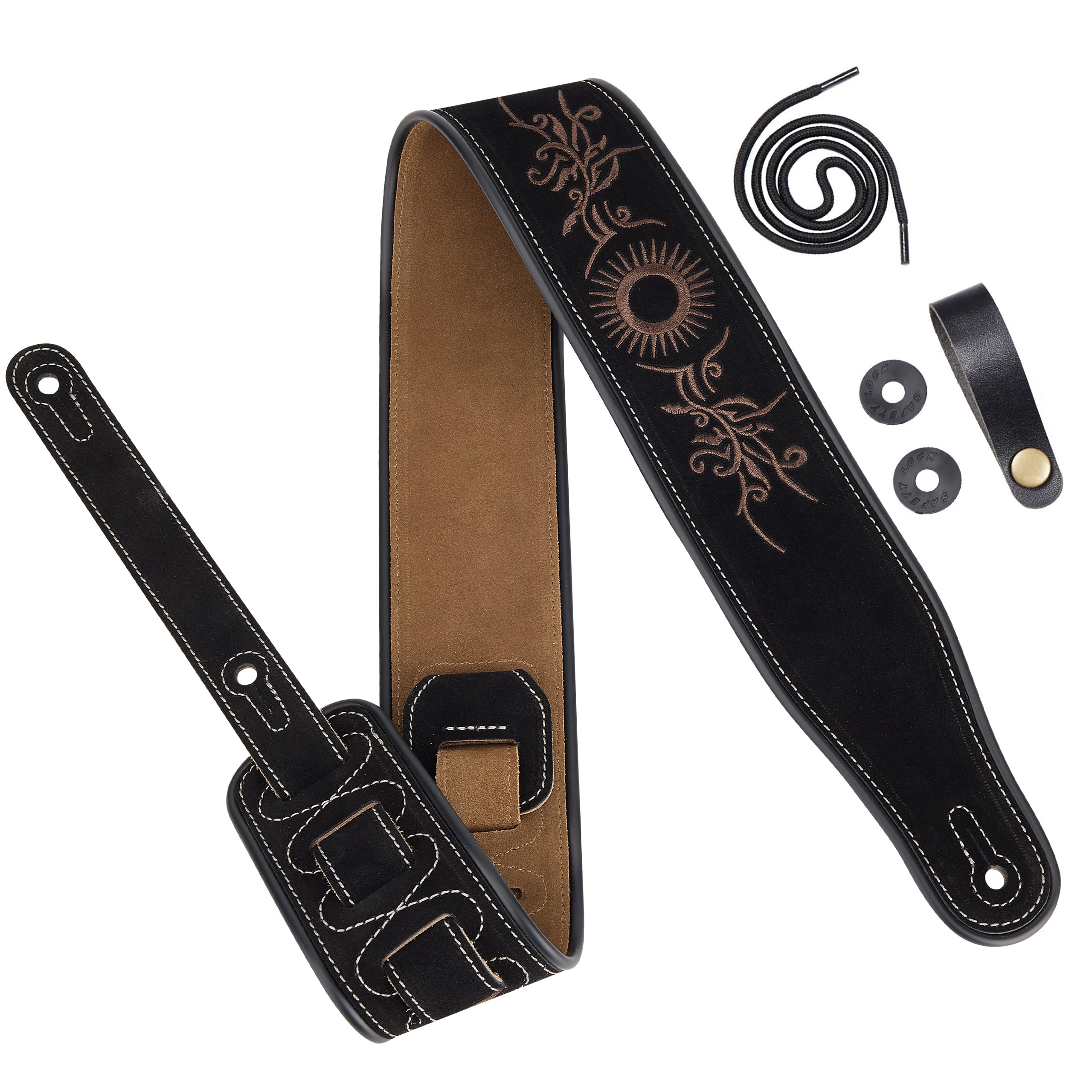 Amumu Embroidered Suede Leather Guitar Strap for Acoustic, Electric and Bass Guitar - Black Sun-flower Embroidered