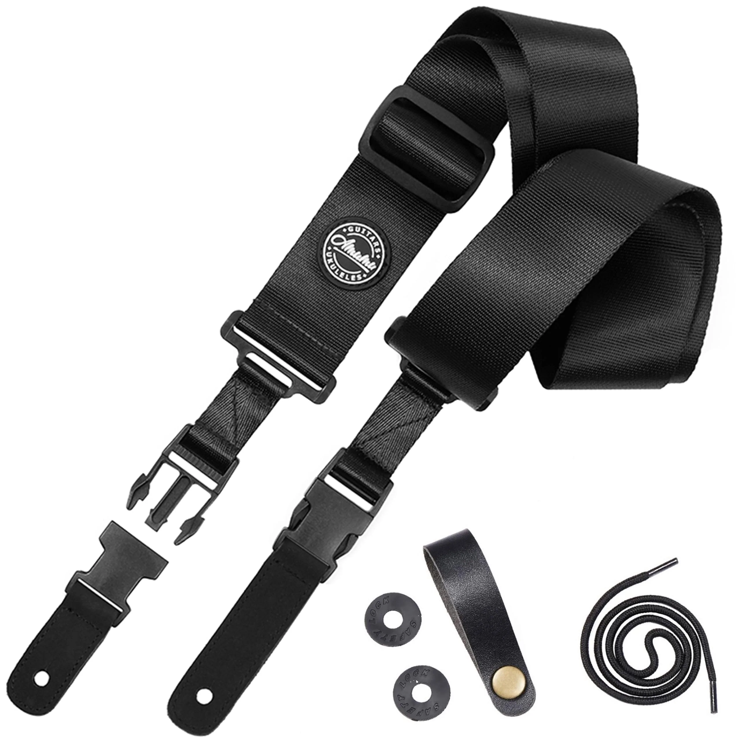 Amumu Nylon Snapclock Guitar Strap with Clip Buckle for Acoustic, Electric, Bass Guitar with Strap Blocks & Headstock Tie Black
