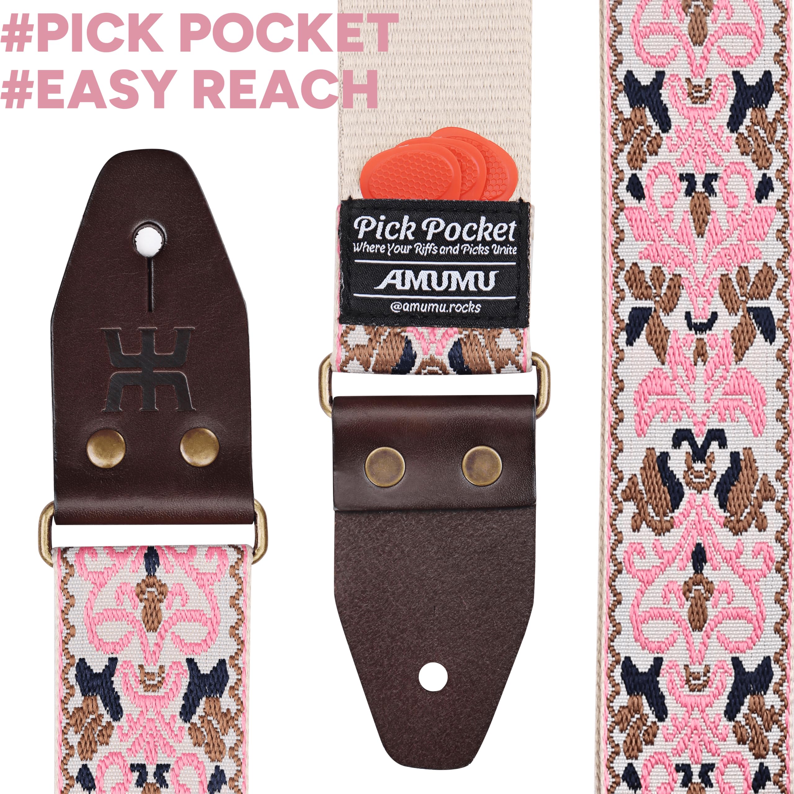 Amumu Pink Spades Heart Embroidery Guitar Strap - Vintage Style with Top Grain Cowhide Leather Ends & Pick Pocket - Fits Bass, Electric, Acoustic Guitars - Image 3