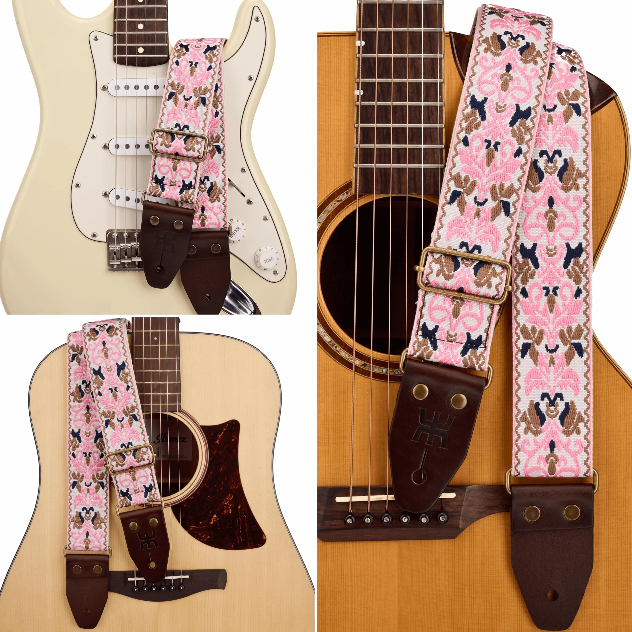 Amumu Pink Spades Heart Embroidery Guitar Strap - Vintage Style with Top Grain Cowhide Leather Ends & Pick Pocket - Fits Bass, Electric, Acoustic Guitars - Image 5