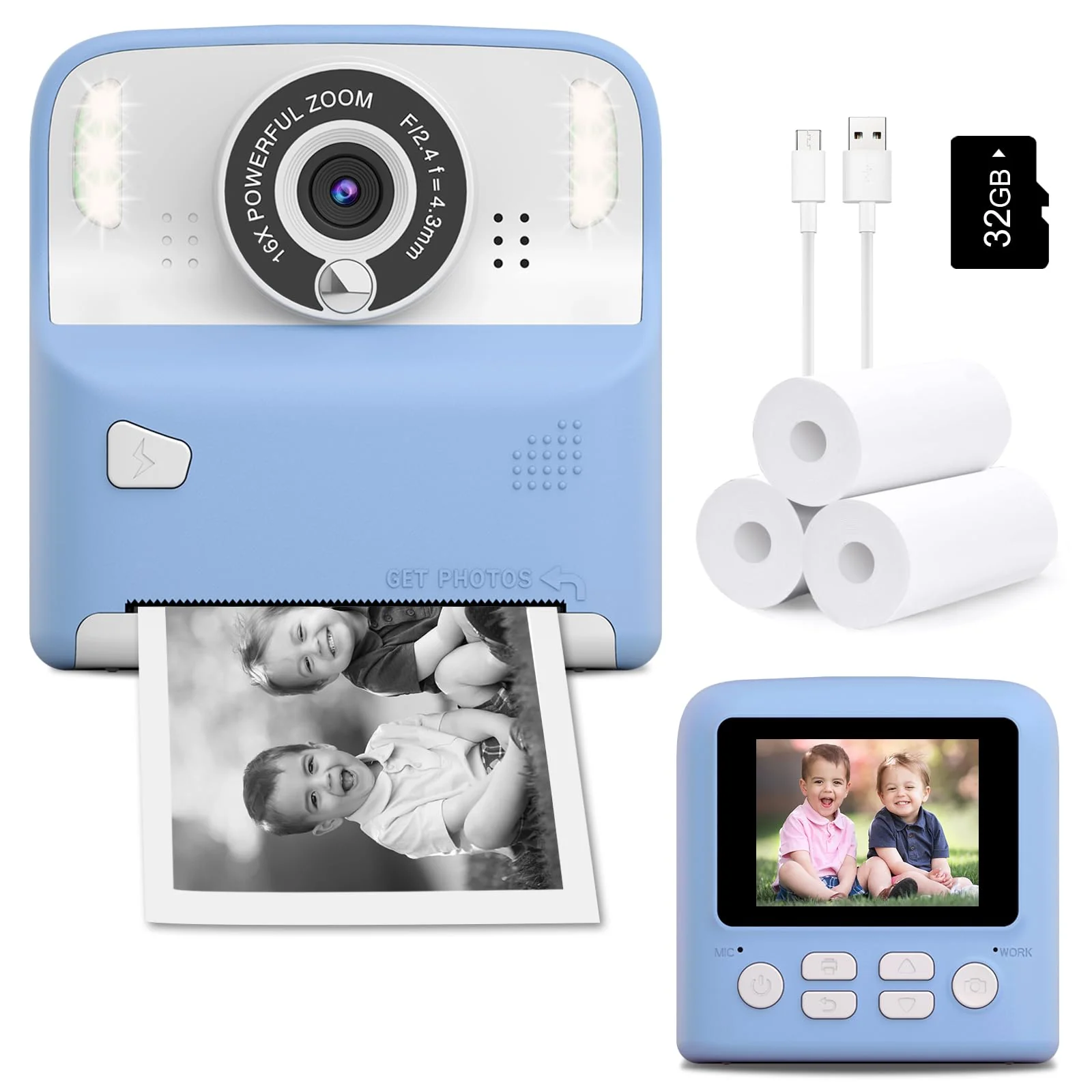 Amzelas Kids Camera Instant Print Photos Christmas Birthday Gifts for Boys Girls Age 3-12 HD Digital Video Cameras for Toddler Portable Toy for 3 4 5 6 7 8 9 Year Old Children with 32GB Card (Blue) Blue