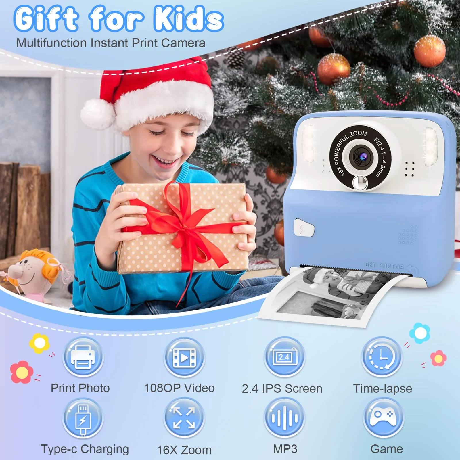 Amzelas Kids Camera Instant Print Photos Christmas Birthday Gifts for Boys Girls Age 3-12 HD Digital Video Cameras for Toddler Portable Toy for 3 4 5 6 7 8 9 Year Old Children with 32GB Card (Blue) Blue - Image 2