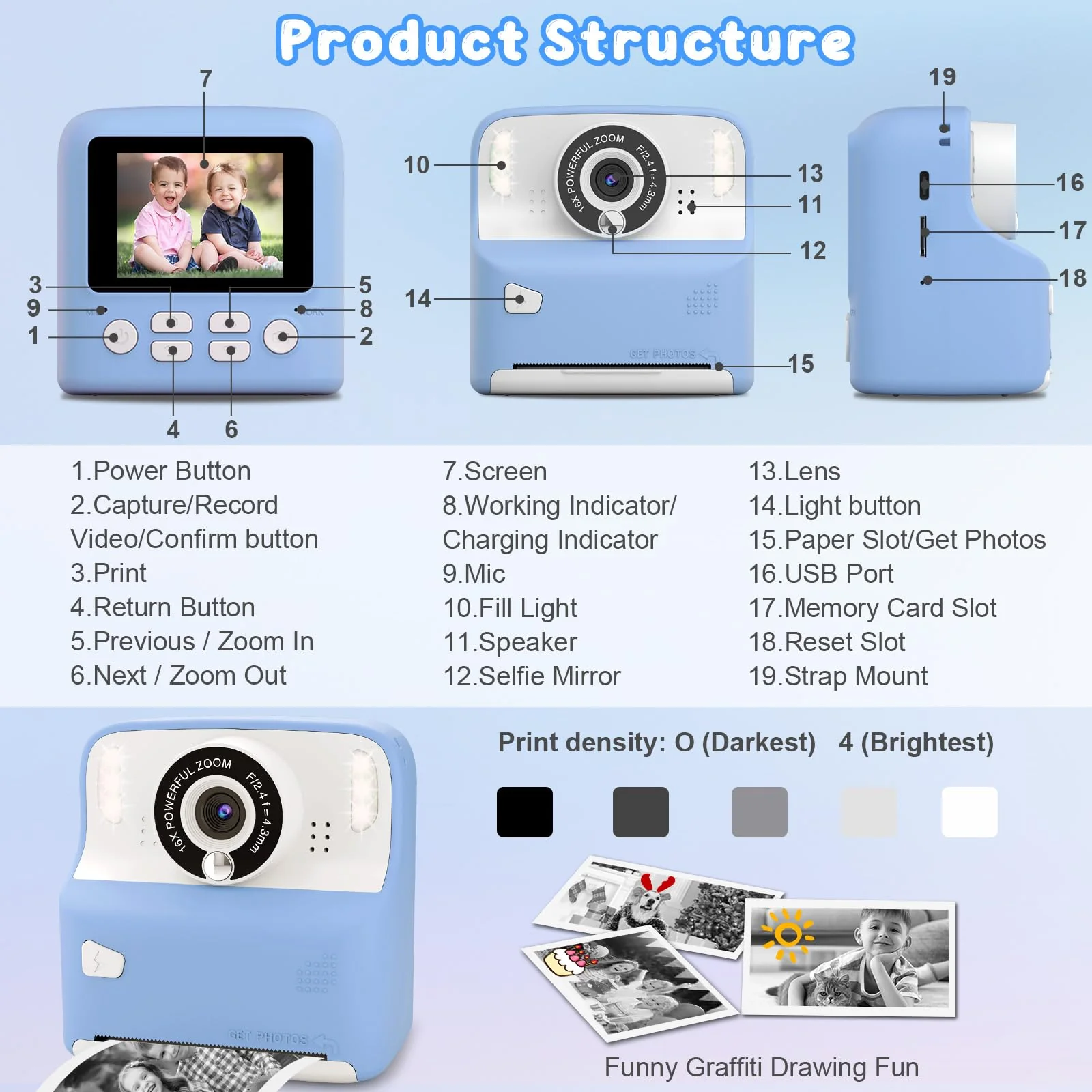 Amzelas Kids Camera Instant Print Photos Christmas Birthday Gifts for Boys Girls Age 3-12 HD Digital Video Cameras for Toddler Portable Toy for 3 4 5 6 7 8 9 Year Old Children with 32GB Card (Blue) Blue - Image 6