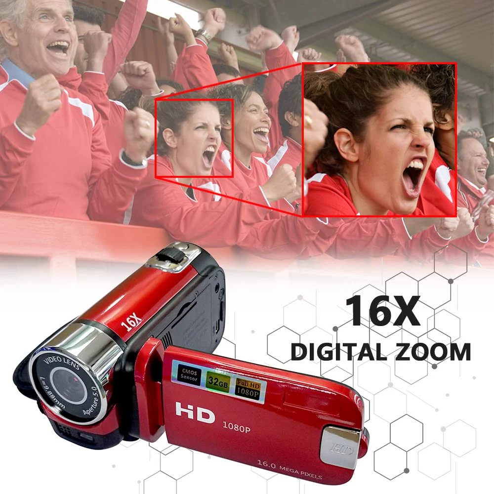 Andoer Portable 1080P High Definition Digital Video Camera DV Camcorder 16MP 2.7 Inch LCD Screen 16X Digital Zoom Built-in Battery Red - Image 3