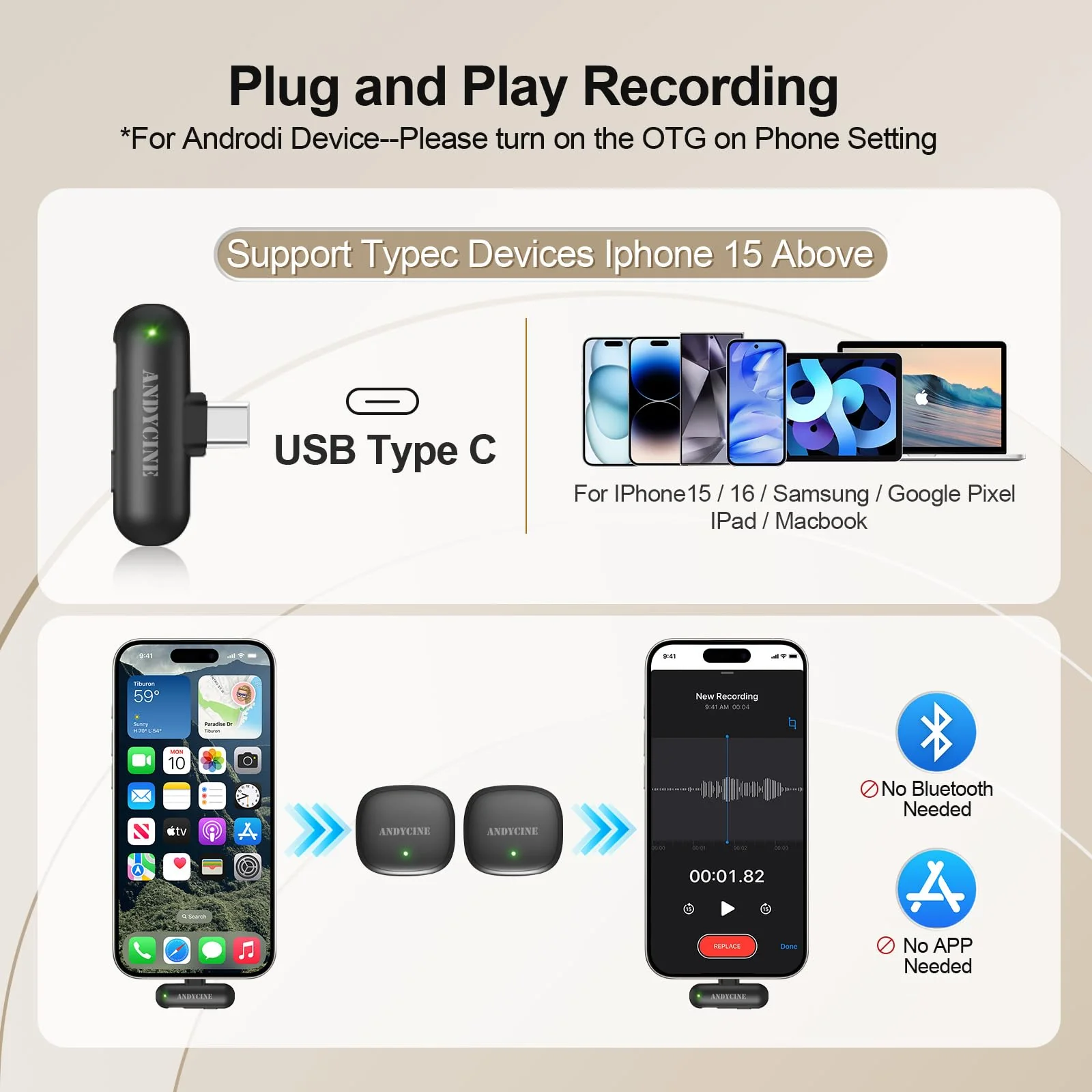 ANDYCINE MC Wireless Lavalier Microphone for iPhone/Android/PC/Laptop USB-C Plug Lapel Mic AI Noise Cancellation Magnetic Clip Mic for Video Recording,Live Streaming (2TX+1RX+Charging Case) - Image 3