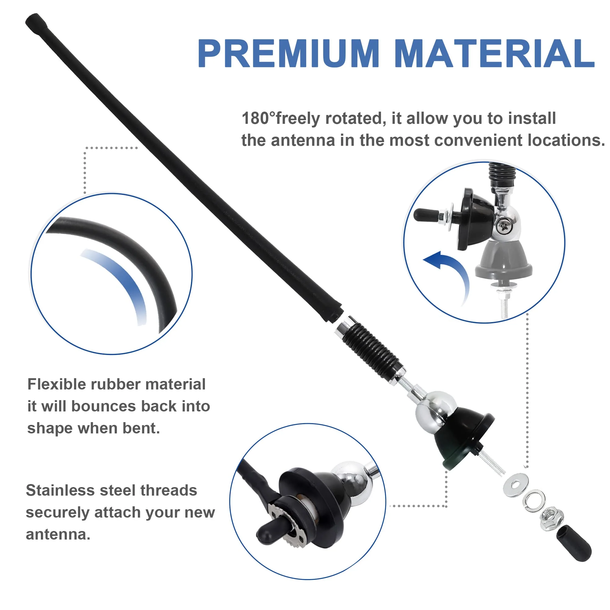 Anina 16 Inch Marine Radio Antenna for Pickup Truck Boat ATV UTV RV Motorcycle Tractor Top/Side Mount Rubber Duck Flexible Antenna Aerial Mast Optimized Radio FM/AM Reception (Black) Black - Image 4
