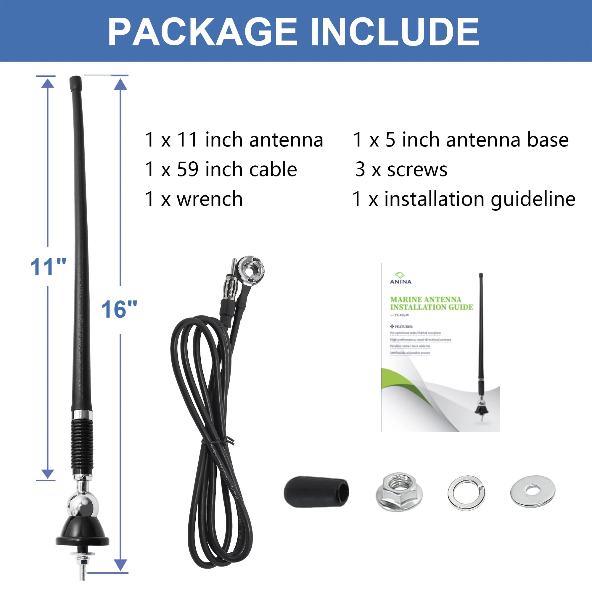 Anina 16 Inch Marine Radio Antenna for Pickup Truck Boat ATV UTV RV Motorcycle Tractor Top/Side Mount Rubber Duck Flexible Antenna Aerial Mast Optimized Radio FM/AM Reception (Black) Black - Image 8
