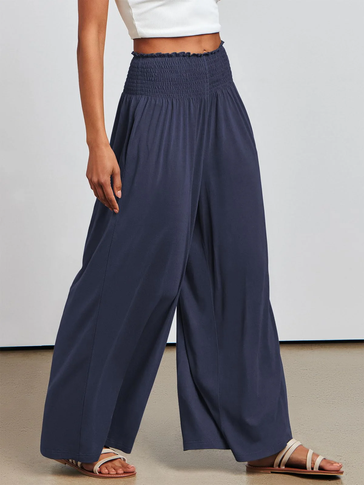 ANRABESS Women Palazzo Pants Summer Boho Bagyy Wide Leg High Smocked Waist Casual Loose Lounge Pant with Pocket X-Large Deep Blue - Image 4