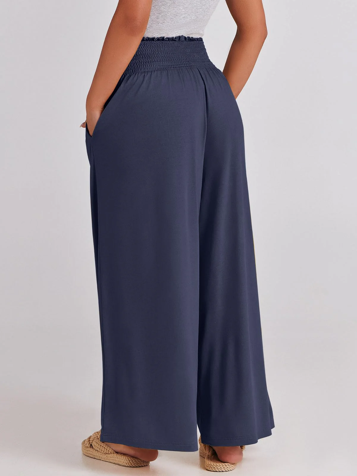 ANRABESS Women Palazzo Pants Summer Boho Bagyy Wide Leg High Smocked Waist Casual Loose Lounge Pant with Pocket X-Large Deep Blue - Image 5