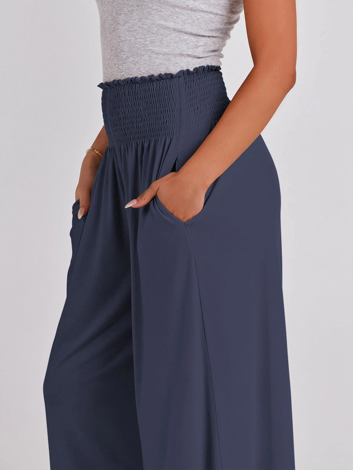 ANRABESS Women Palazzo Pants Summer Boho Bagyy Wide Leg High Smocked Waist Casual Loose Lounge Pant with Pocket X-Large Deep Blue - Image 7