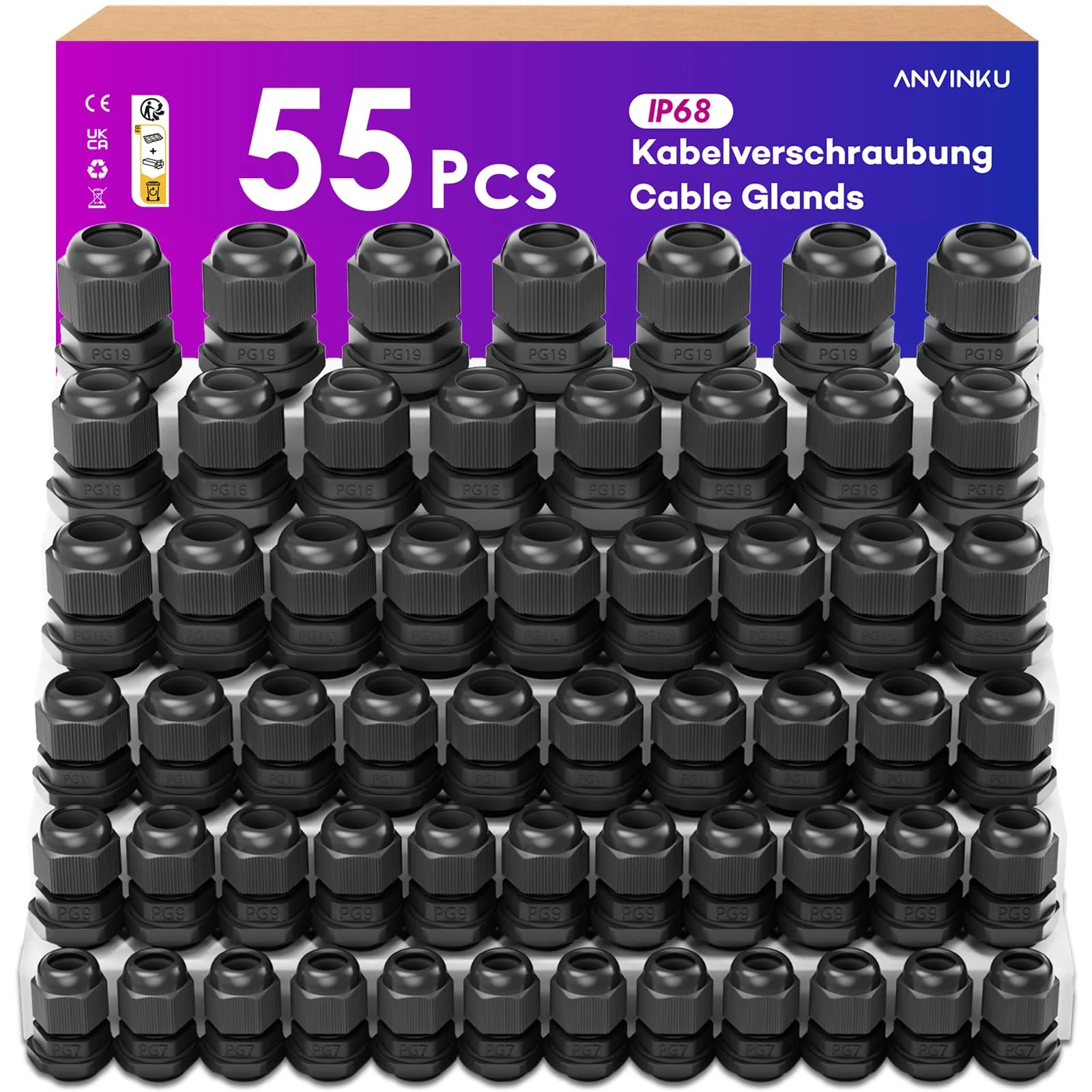 ANVINKU Cable Gland, Waterproof with Seals, 55 Pieces, PG7 PG9 PG11 PG13.5 PG16 PG19 Cable Grommet Waterproof, Black Adjustable Cable Glands Set PG7/PG9/PG11/PG13.5/PG16/PG19