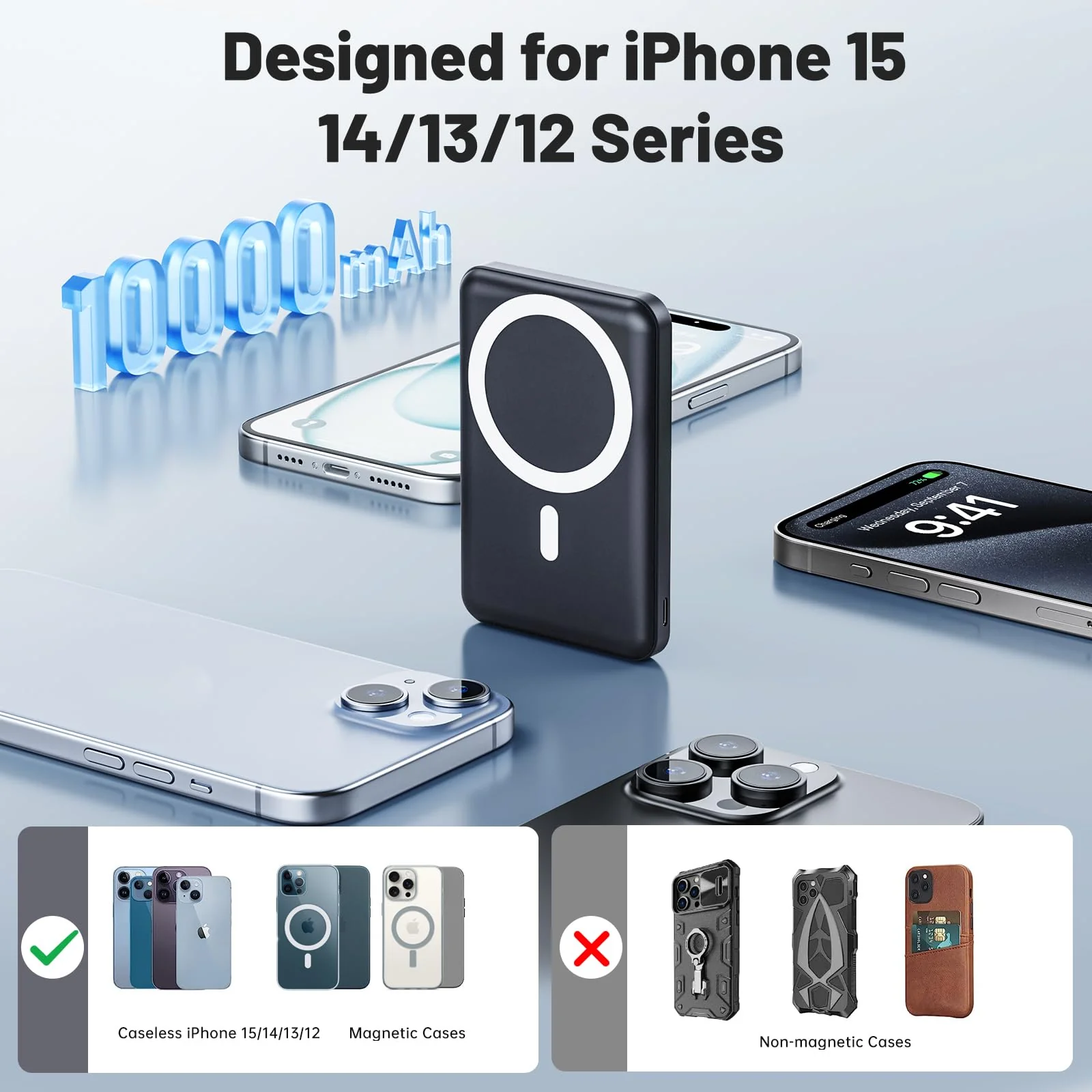 AOGUERBE for Magsafe Battery Pack, 10000mAh Magnetic Power Bank with (22.5W) USB-C Fast Charging, Wireless Mag-Safe Portable Charger with LED Display & Foldable Stand for iPhone 16/15/14/13/12 Series Black - Image 3