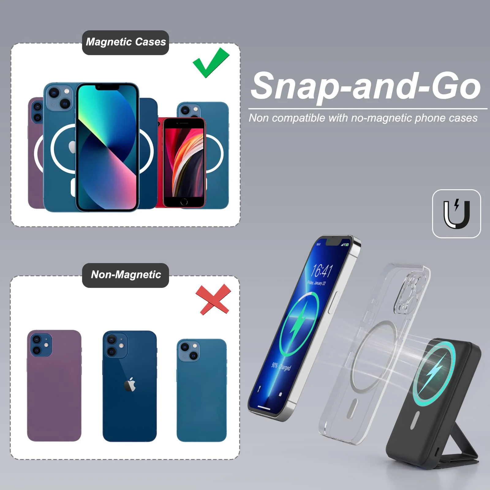 AOGUERBE Magnetic Power Bank, 10000mAh Foldable Wireless Portable Charger with USB-C Cable LED Display, for Mag-Safe Battery Pack 22.5W PD Fast Charging for iPhone 16/15/14/13/12 Pro/Pro Max/Plus/Mini Black - Image 5