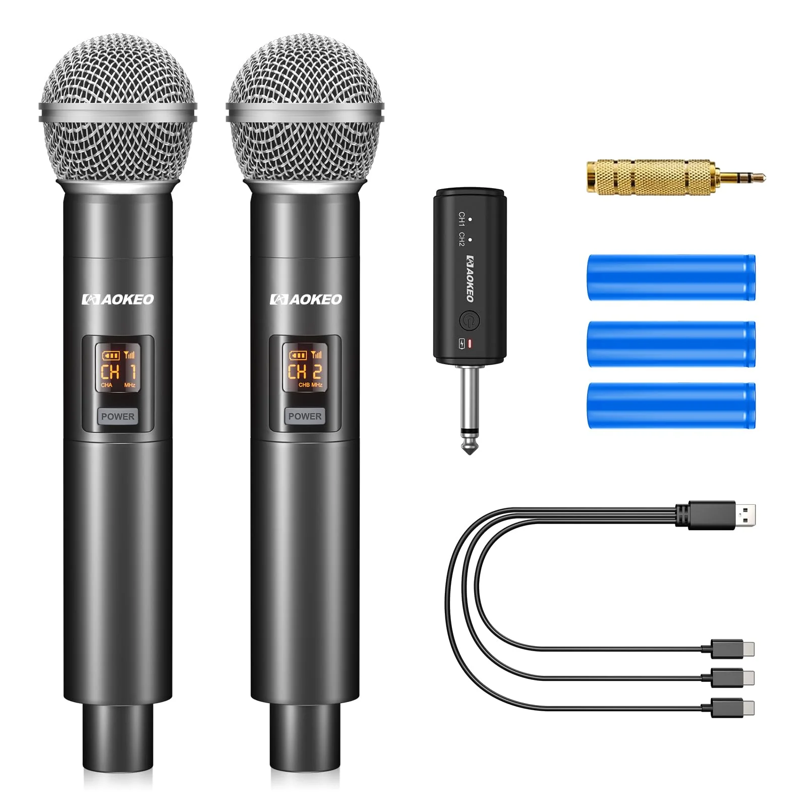 Aokeo Wireless Microphone Only for Mic Input, UHF Metal Dynamic Handheld Multipurpose Mic with Rechargeable Receiver (Work 4hs), 160ft Range, for Karaoke Machine, Amplifier Speaker, Mixer, Church PG58-2