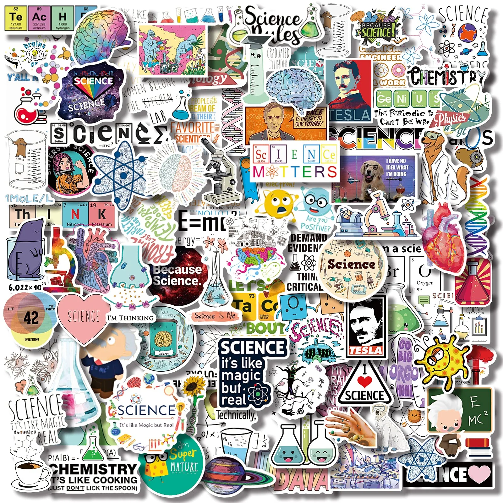 Aowplc 100 Pcs Natural Sciences Stickers Pack, Physics, Chemistry, Biology Experiment Vinyl Stickers, Student Science Laboratory Decals for Laptop, Water Bottle, Notebook, Luggage, Computer Decor
