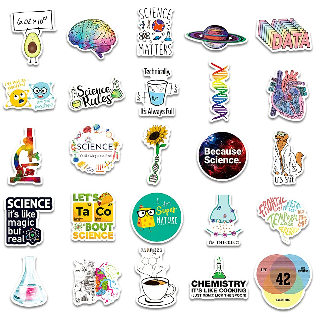 Aowplc 100 Pcs Natural Sciences Stickers Pack, Physics, Chemistry, Biology Experiment Vinyl Stickers, Student Science Laboratory Decals for Laptop, Water Bottle, Notebook, Luggage, Computer Decor - Image 3