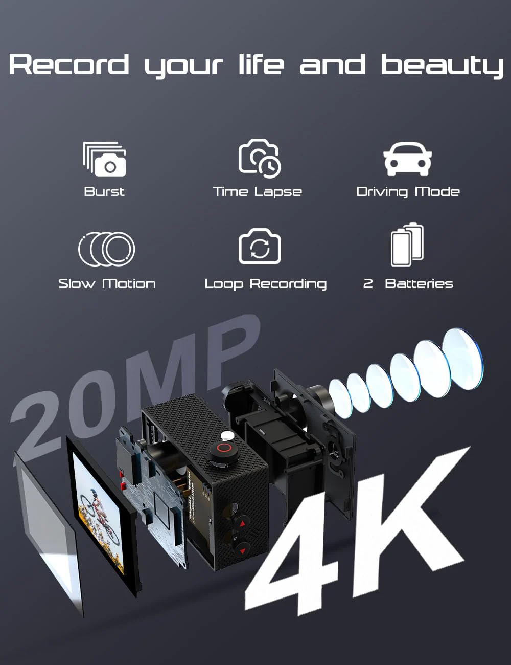 Apexcam Action Camera 4K with 64G SD Card Sports Camera 20MP 131FT Waterproof Underwater Camera 170°Wide-Angle WiFi Camera with 2.4G Remote Control, 2 Batteries, Mounting Accessories Kits M80AIR with SD CARD - Image 2