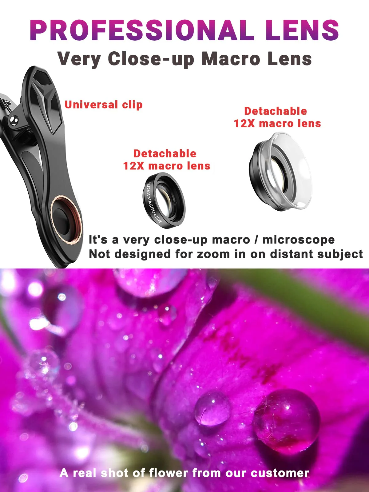 APEXEL 12X / 24X Macro Lens, Macro Lens for iPhone with Universal Clip, HD Phone Macro Lens Attachment for Phone Camera, iPhone Photograph Accessories Fits for All Cellphone and Pads Mini Microscope - Image 2