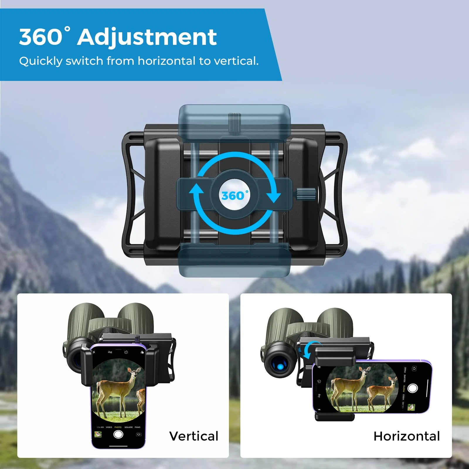APEXEL 360° Telescope Phone Adapter, Upgraded Binocular Photo Adapter for Android & iPhone, Smartphone Mount for Telescope, Monocular, Microscope, Spotting Scope. (Including Bluetooth Shutter Remote) - Image 2