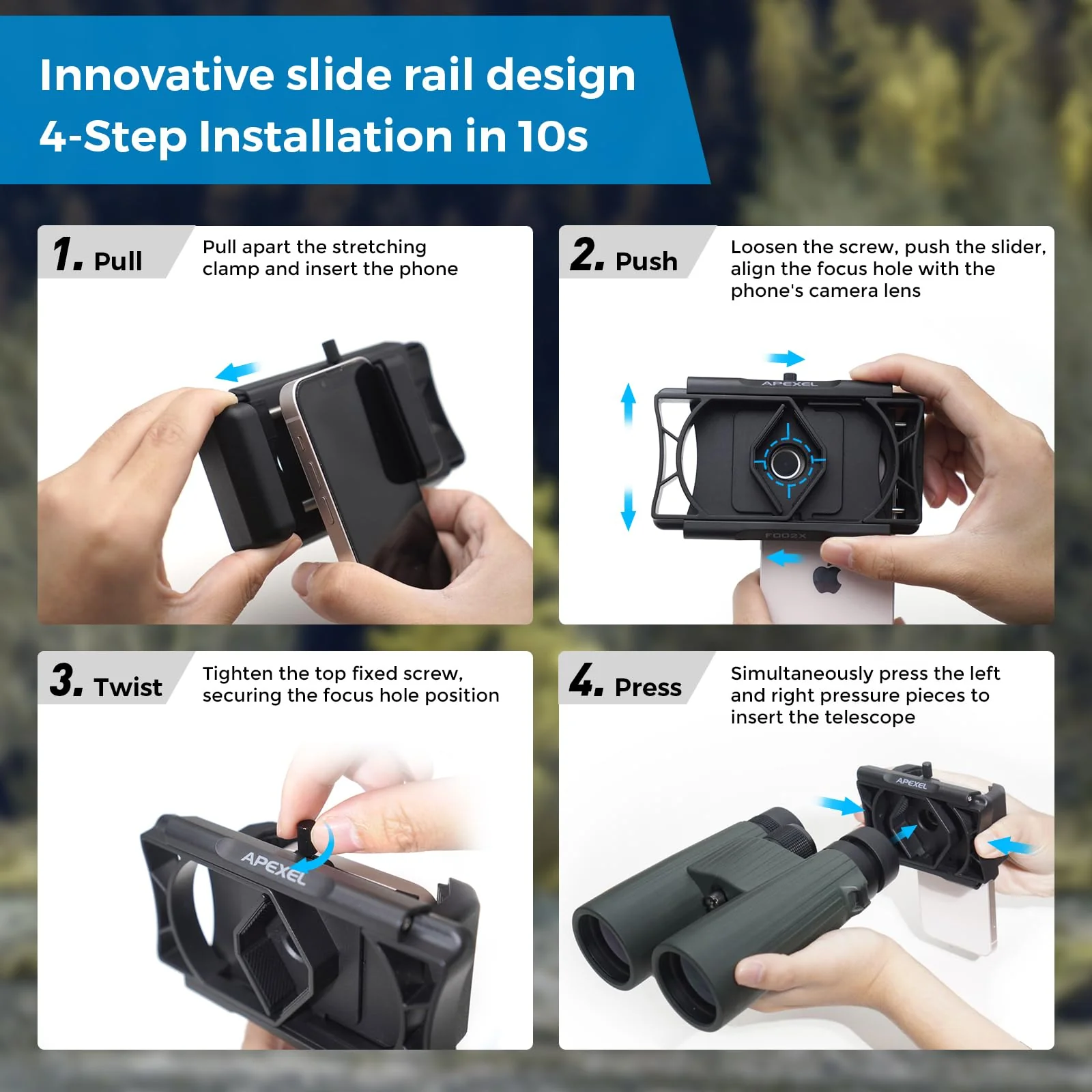 APEXEL 360° Telescope Phone Adapter, Upgraded Binocular Photo Adapter for Android & iPhone, Smartphone Mount for Telescope, Monocular, Microscope, Spotting Scope. (Including Bluetooth Shutter Remote) - Image 3