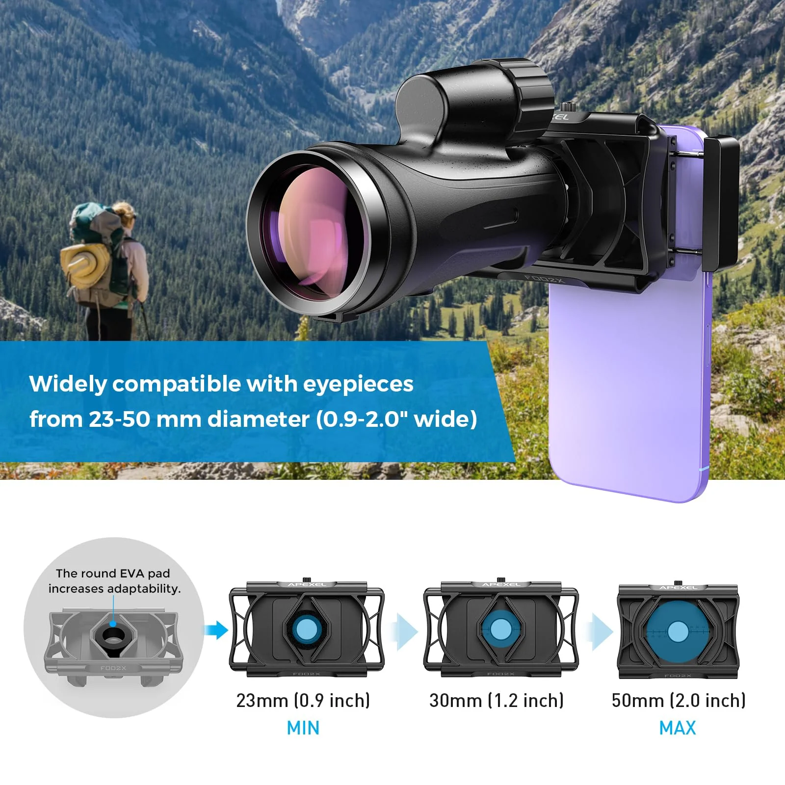 APEXEL 360° Telescope Phone Adapter, Upgraded Binocular Photo Adapter for Android & iPhone, Smartphone Mount for Telescope, Monocular, Microscope, Spotting Scope. (Including Bluetooth Shutter Remote) - Image 7
