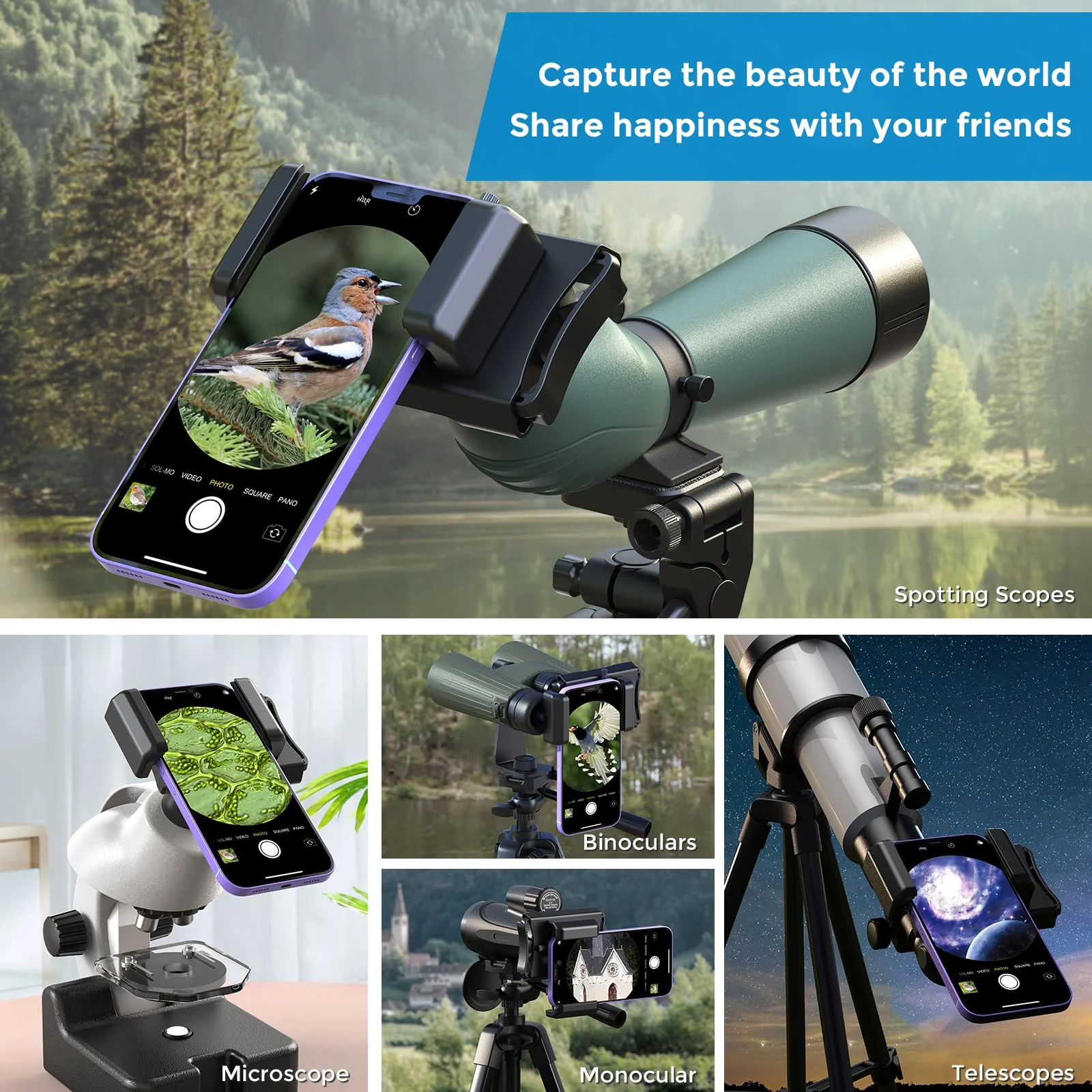 APEXEL 360° Telescope Phone Adapter, Upgraded Binocular Photo Adapter for Android & iPhone, Smartphone Mount for Telescope, Monocular, Microscope, Spotting Scope. (Including Bluetooth Shutter Remote) - Image 8