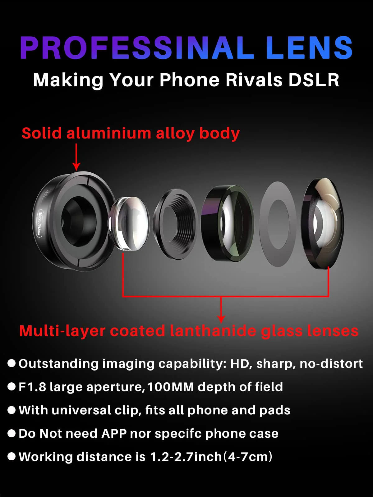 Apexel Professional Macro Photography Lens for Dual Lens/Single Lens iPhone,Pixel,Samsung Galaxy Smartphones Black - Image 2