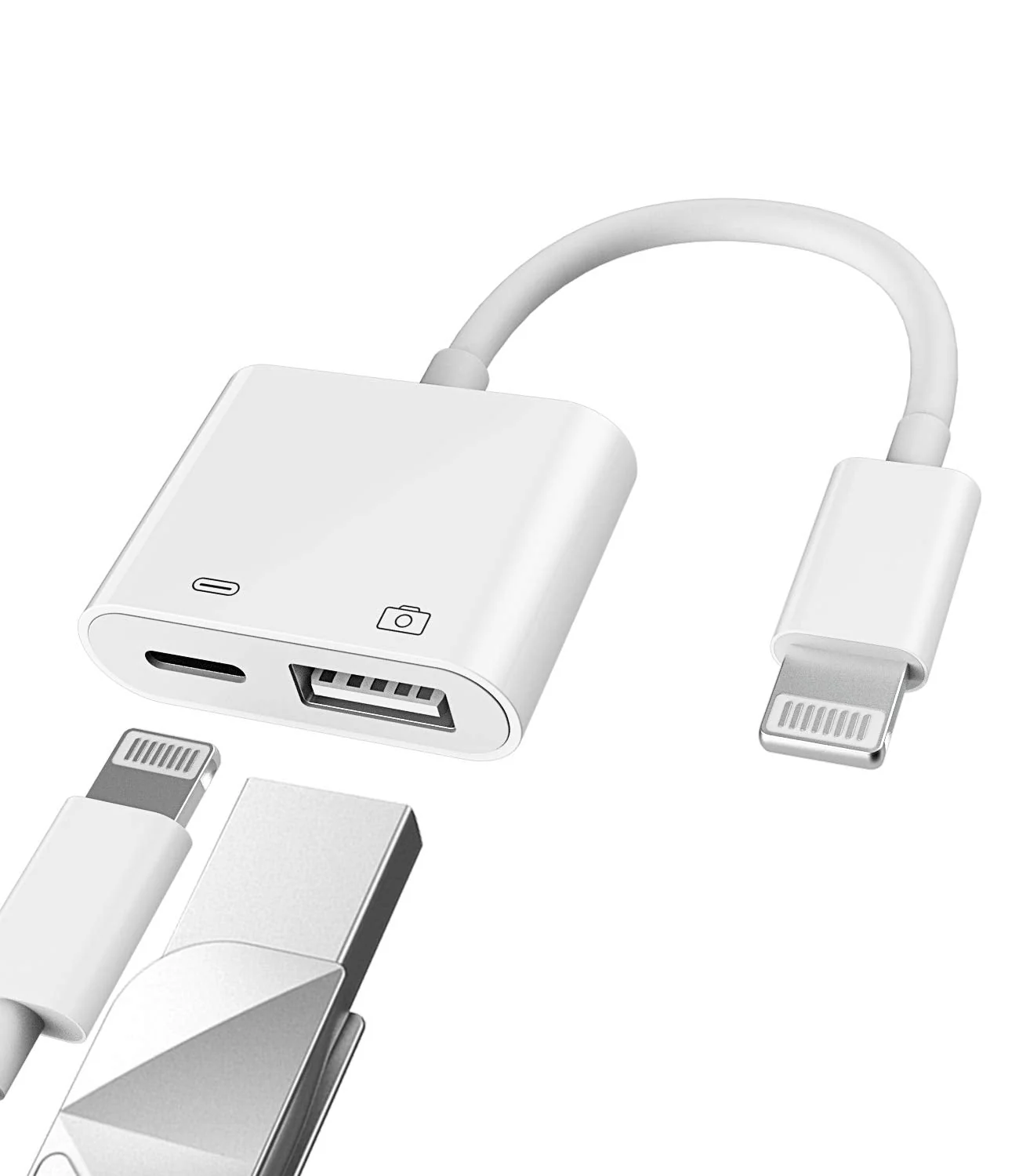 Apple Certified Lightning Male to USB Female Adapter OTG and Charger Cable for iPhone 11 12 Mini max pro xs xr x se 7 8plus Ipad air A Camera Memory Stick Flash Drive Cord Converter Charging Splitter USB+Lightning 1Pack White-1